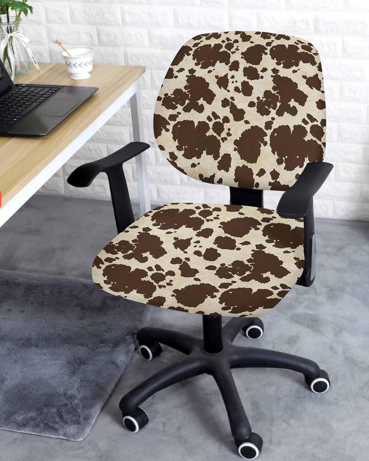 Vandarllin Funda para silla de oficina, piel de vaca marrón, elástica, universal, para computadora, escritorio, con graffie, lavable, extraíble,
