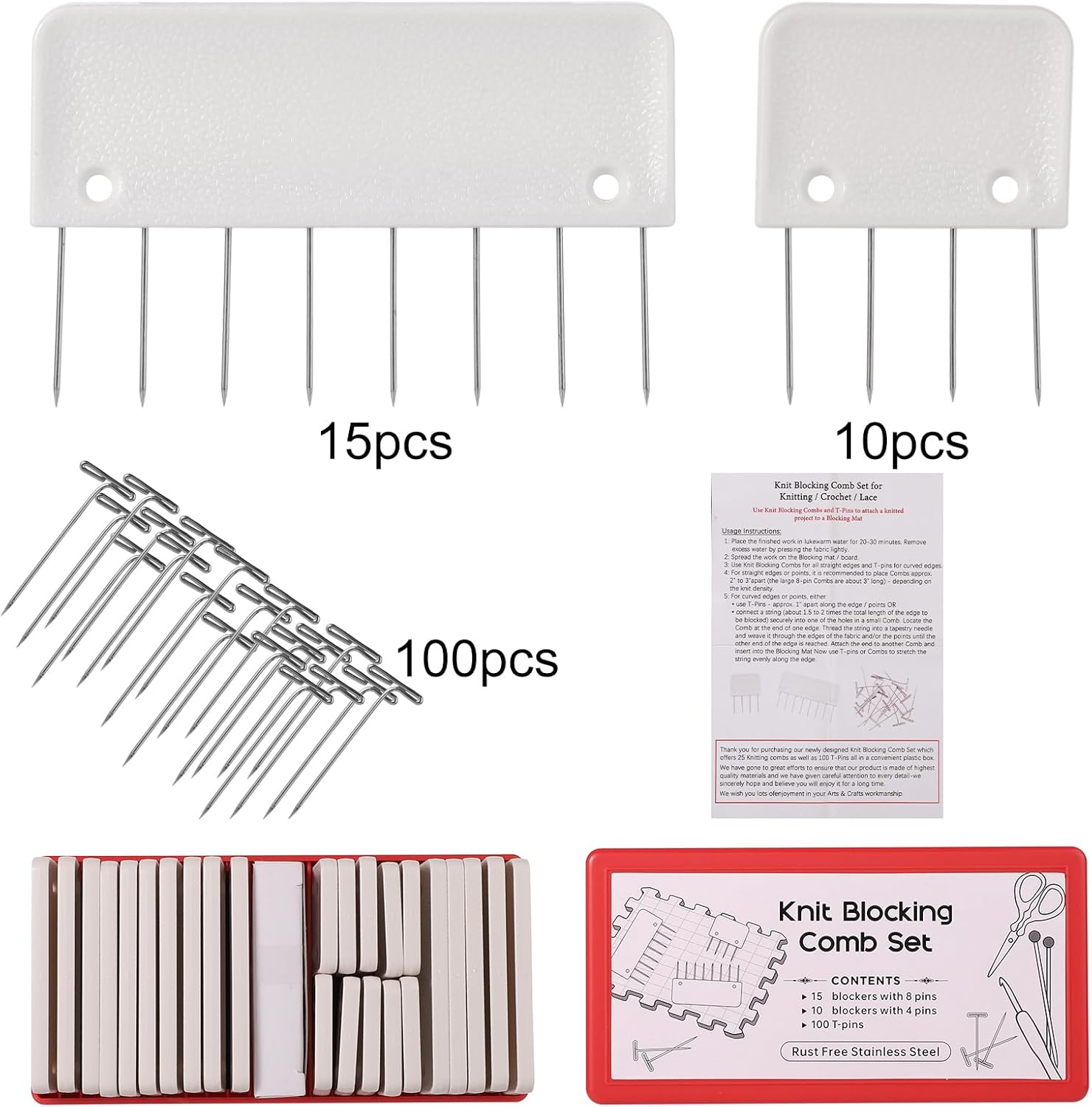 Kit de 125 pasadores de bloqueo de punto, 25 peines de bloqueo de punto y 100 pines en T para tejer, bloqueadores de punto y kit de alfileres para