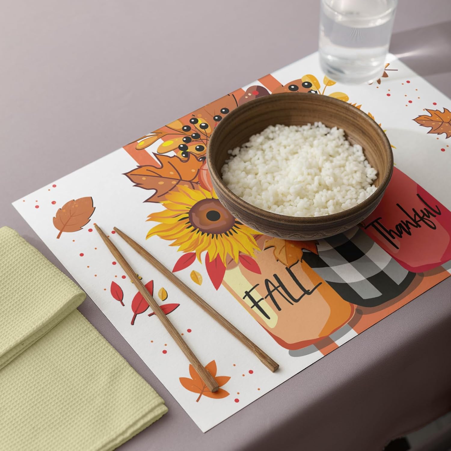 Juego de 4 manteles individuales con texto en inglés Hello Fall, crisantemo en frasco, cosecha de temporada, granja, Acción de Gracias, cocina,