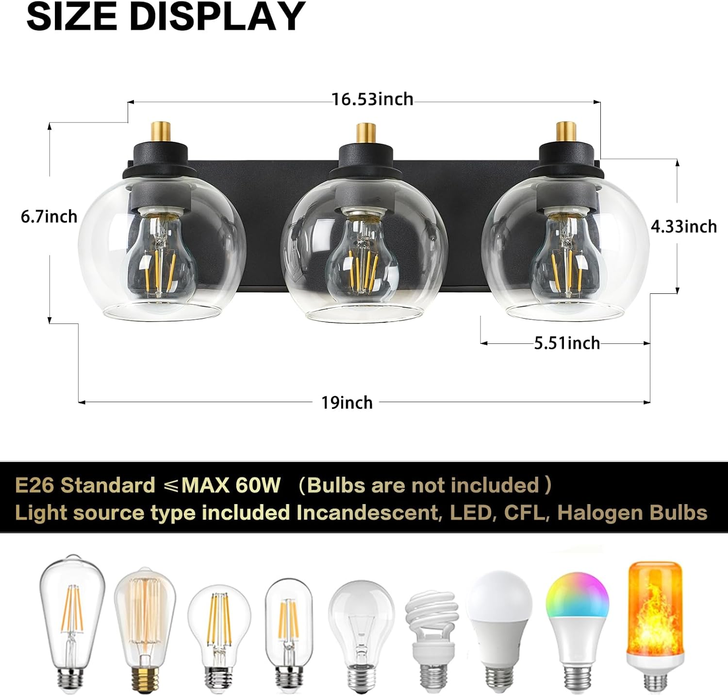Lámpara de tocador de baño de 3 luces, lámparas de baño negras y doradas, lámpara de tocador moderna con pantalla de vidrio transparente, aplique de