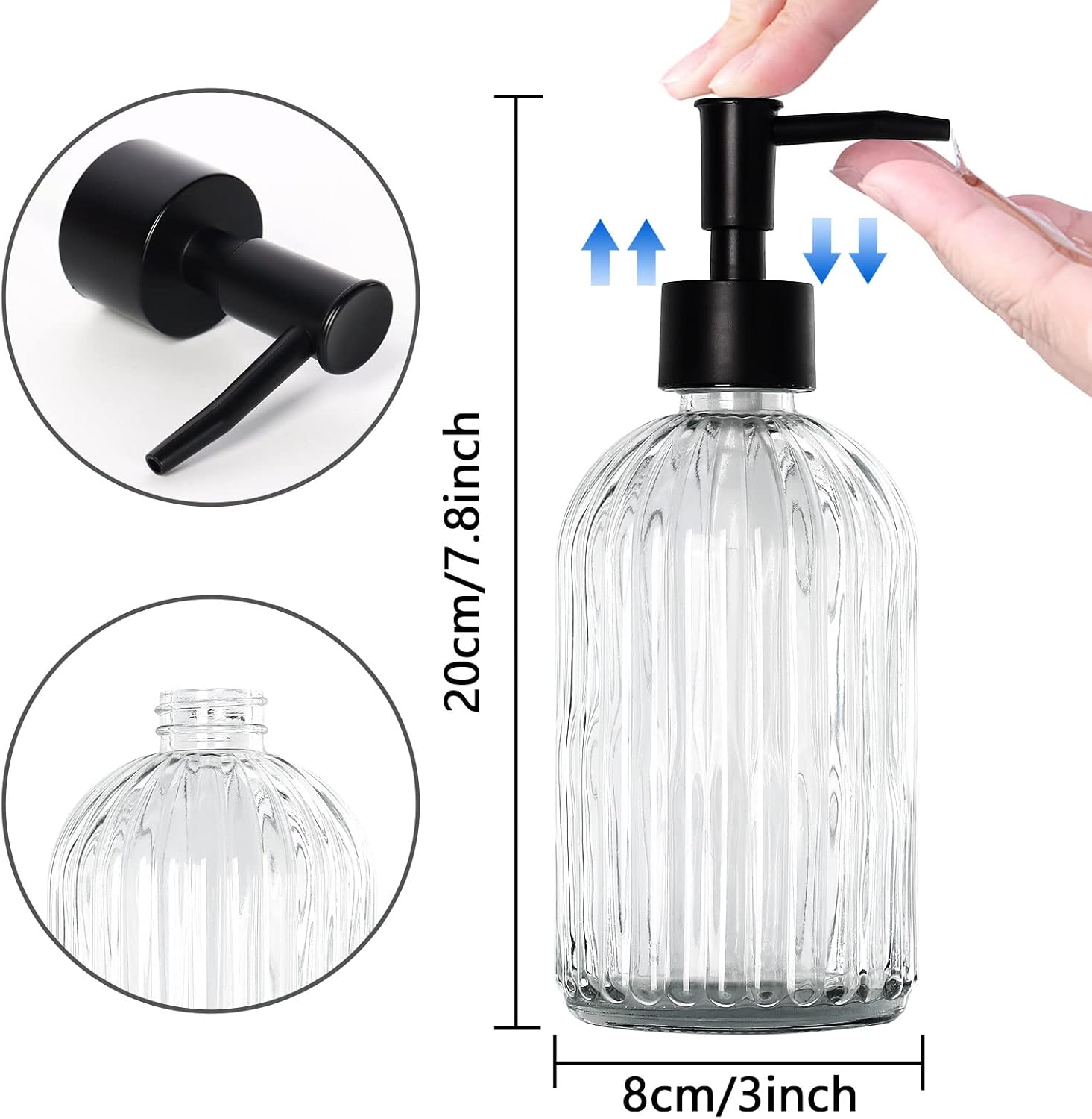 Top-spring Dispensador de jabón de vidrio de 13 onzas, paquete de 2 dispensadores de jabón de loción recargables para baño, fregadero de cocina,