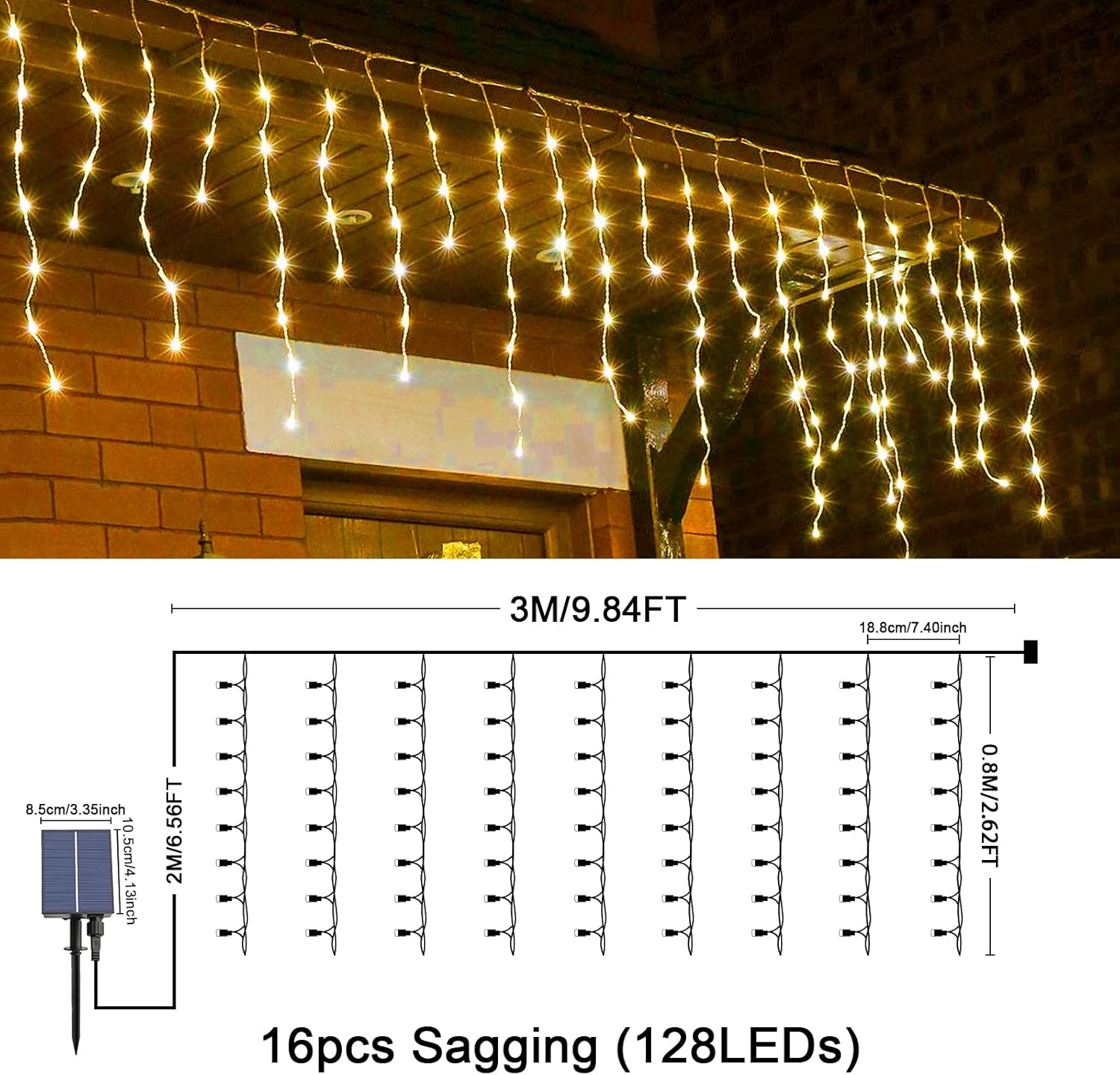 JIMACRO Guirnalda de luces solares, 16 piezas de 2.6 pies, 128 luces LED de cortina con control remoto, 16.4 pies de cortina de luces impermeables