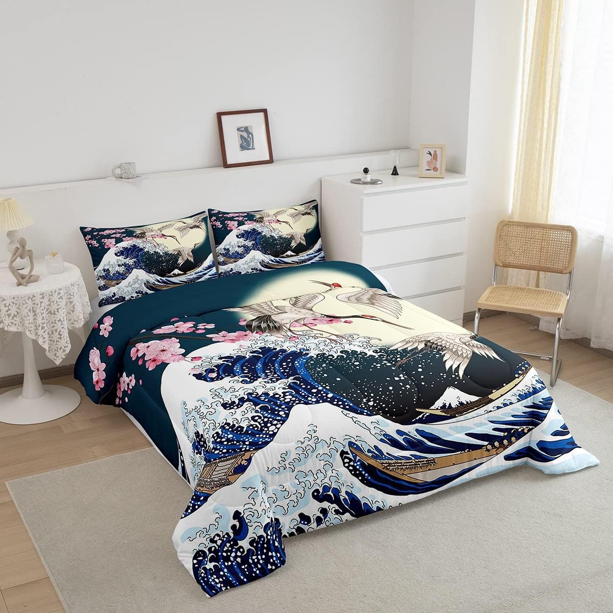 Erosebridal Juego de edredón de estilo japonés, tamaño King, estampado de grulla de cerezo para niños, niñas y mujeres, decoración de dormitorio,