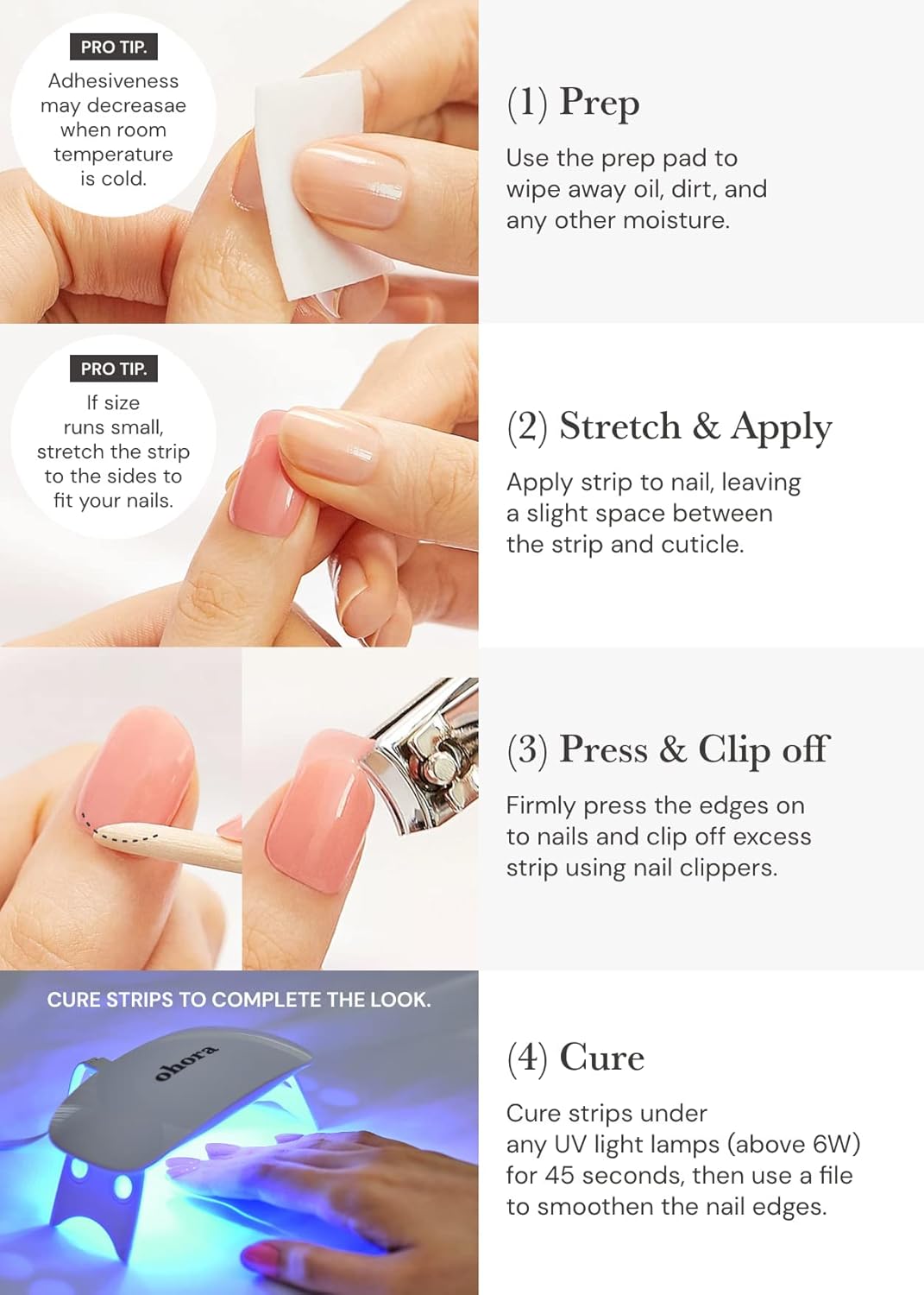 ohora Tiras de uñas de gel semicuradas (N Rainbow French), rango de tamaño extendido, funciona con cualquier lámpara de uñas, calidad de salón,