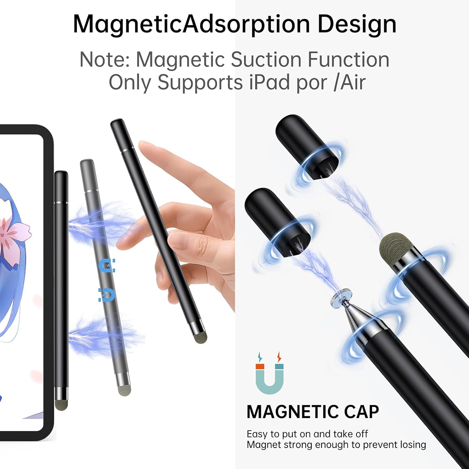 2 lápices capacitivos para pantallas táctiles, lápiz óptico para iPad, lápiz digital 2 en 1 con tapa magnética, lápiz óptico con función de imán