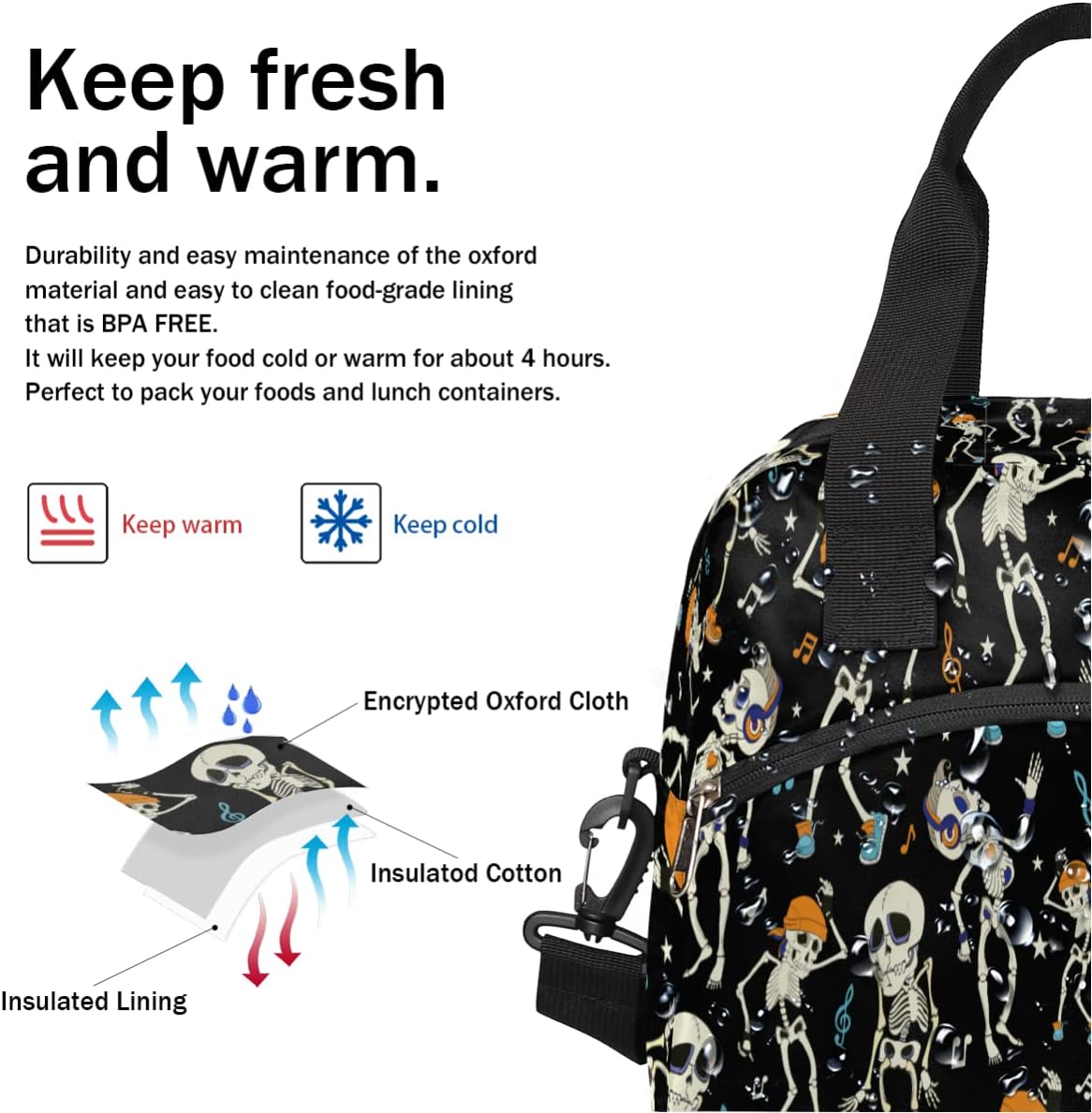 Bolsas de almuerzo aisladas con diseño de esqueleto bailarín para mujeres y hombres, adultos, día de los muertos, bolsa térmica reutilizable con