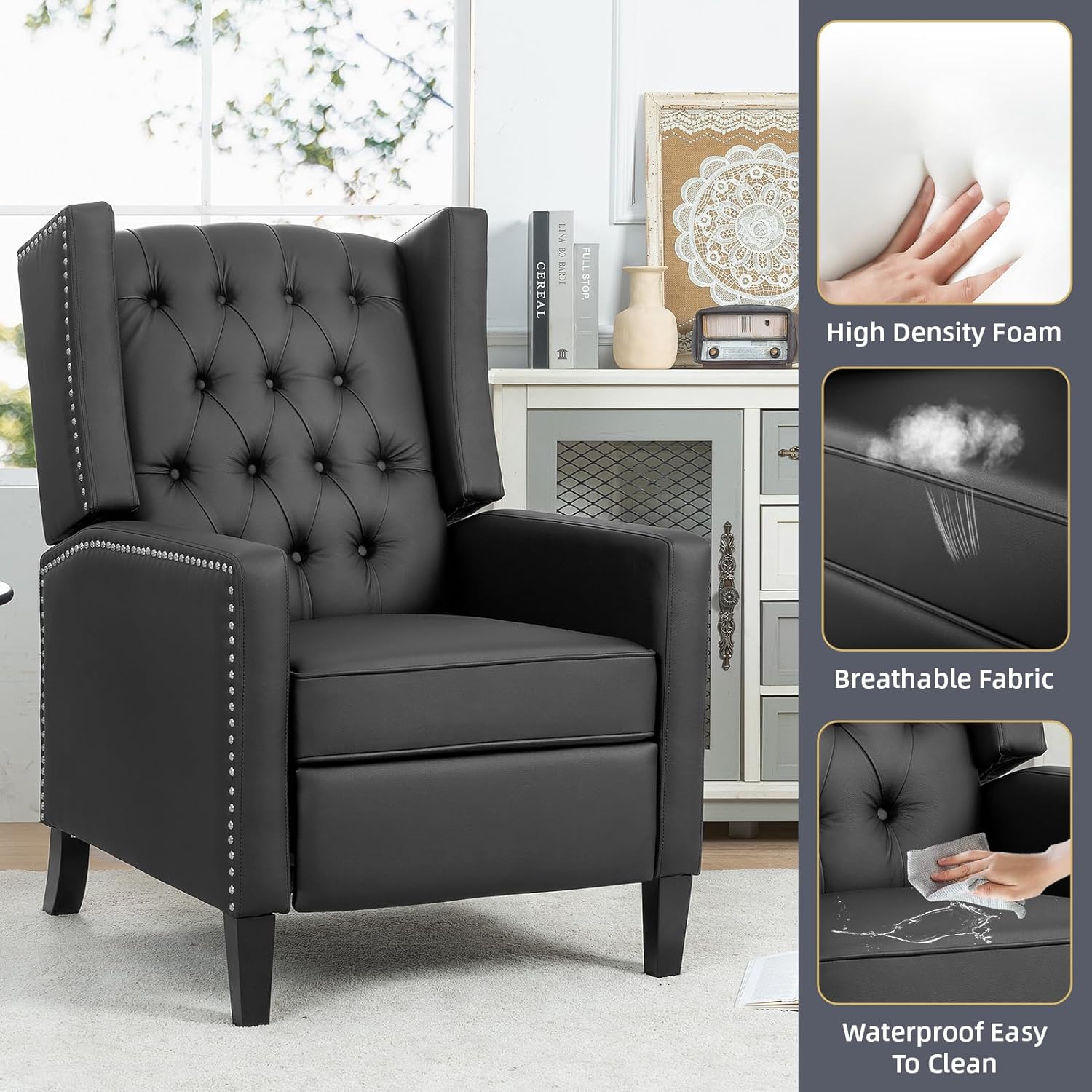 Silla reclinable moderna de piel sintética, silla reclinable con respaldo de empuje, sillón de lectura copetudo, silla decorativa para sala de