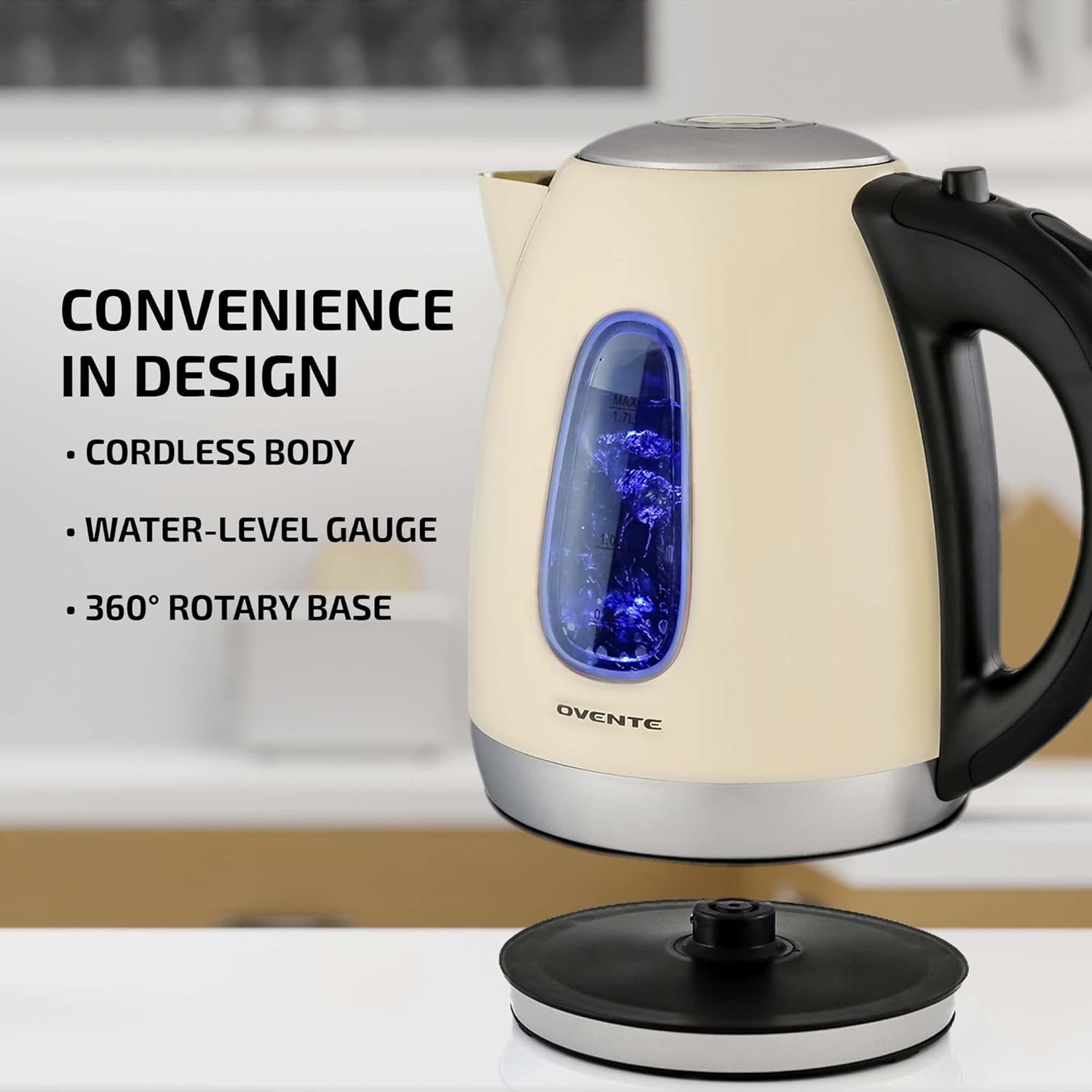 Ovente Hervidor eléctrico portátil de agua caliente de 1.7 litros, acero inoxidable, 1100 W, elemento de calentamiento rápido, calentador de caldera