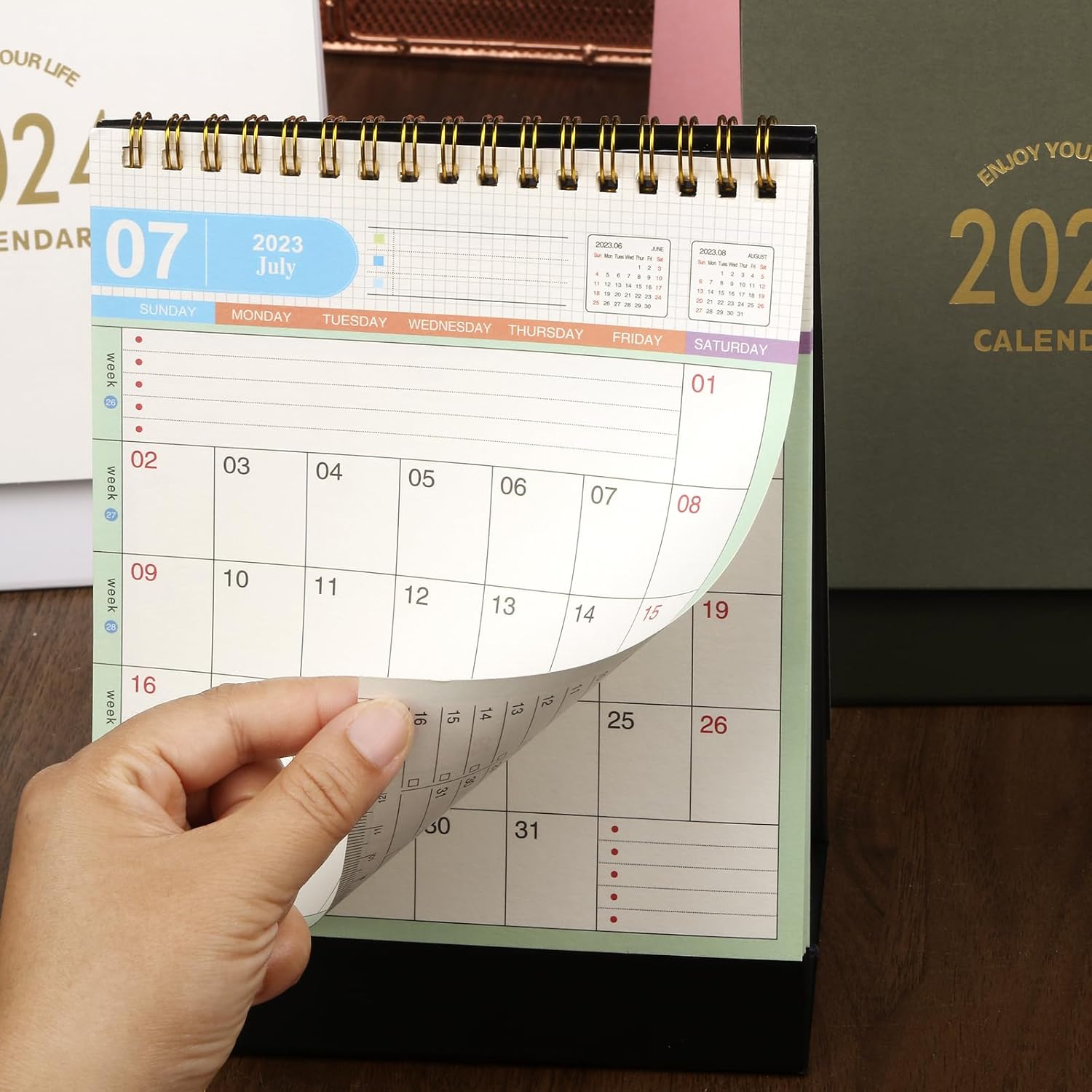 Calendario de escritorio pequeño 2024, funciona desde ahora hasta diciembre de 2024, calendario de escritorio con tapa de pie, anillo de metal,