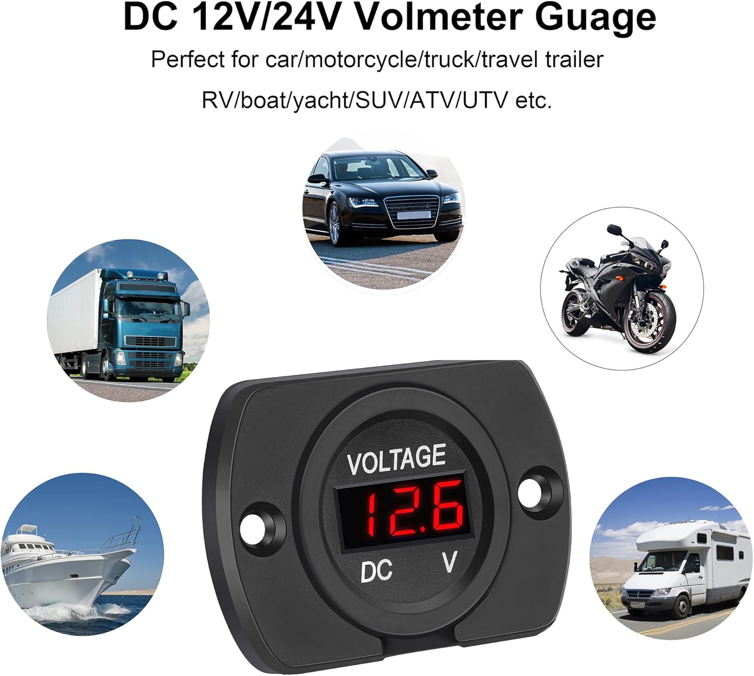 CrocSee Paquete de 2 voltímetros de automóvil CC de 12 V 24 V, impermeables, panel digital LED, medidor de voltaje redondo con terminales para