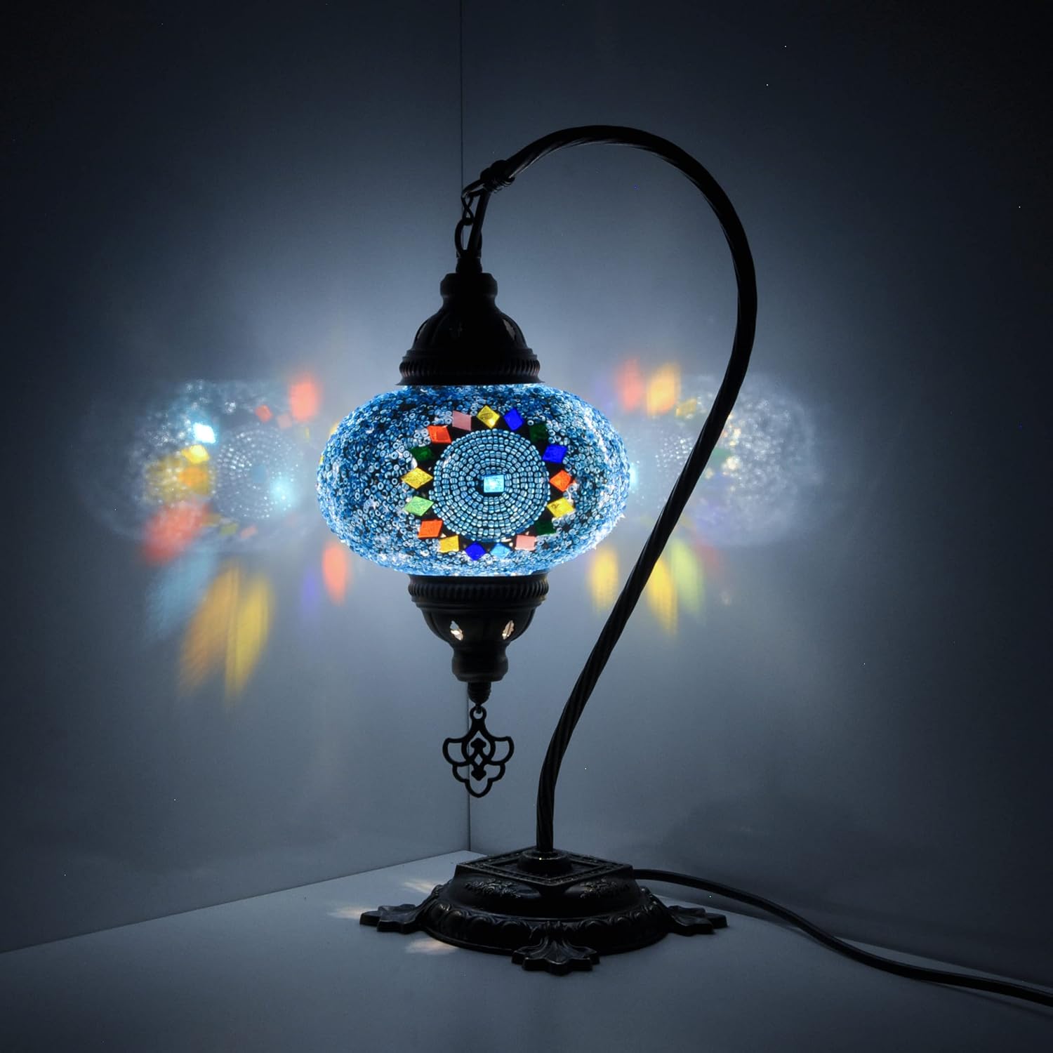 Mosland Home Turkish Lamp Mosaic Table Lamps  Turkish Moroccan Lamp with Bronze Base  Handmade Swan Neck Tiffany Night Lamp  Mosaic Glass Bedside