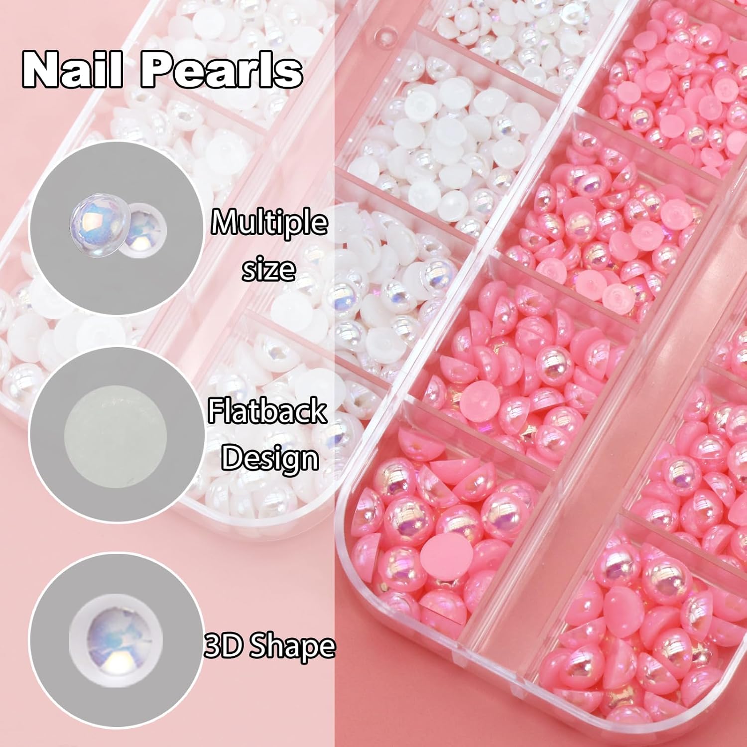 3000 piezas de uñas con parte trasera plana, semiredondas, perlas de uñas blancas y rosadas, perlas de resina de 6 tamaños para uñas, diamantes de