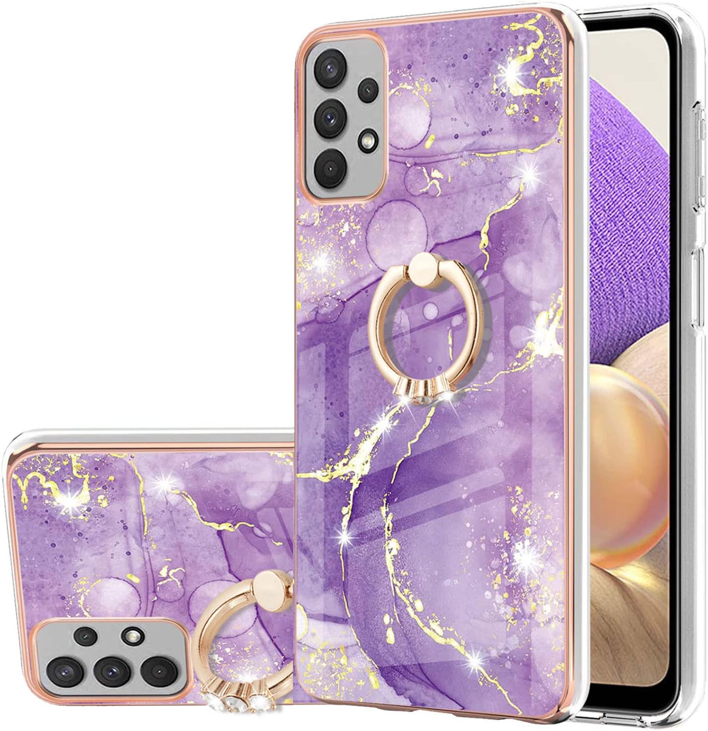 Monwutong Funda delgada para Samsung Galaxy A13 4G, diseño de mármol IMD brillante con soporte de anillo para niñas, lente de cámara y cubierta