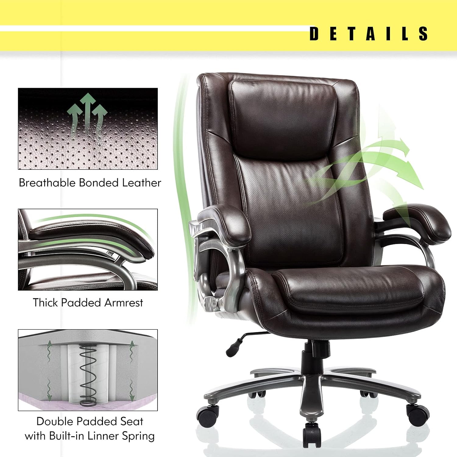 Silla de oficina grande y alta de 400 libras, silla ejecutiva de computadora con respaldo alto, base de metal resistente y ángulo de inclinación