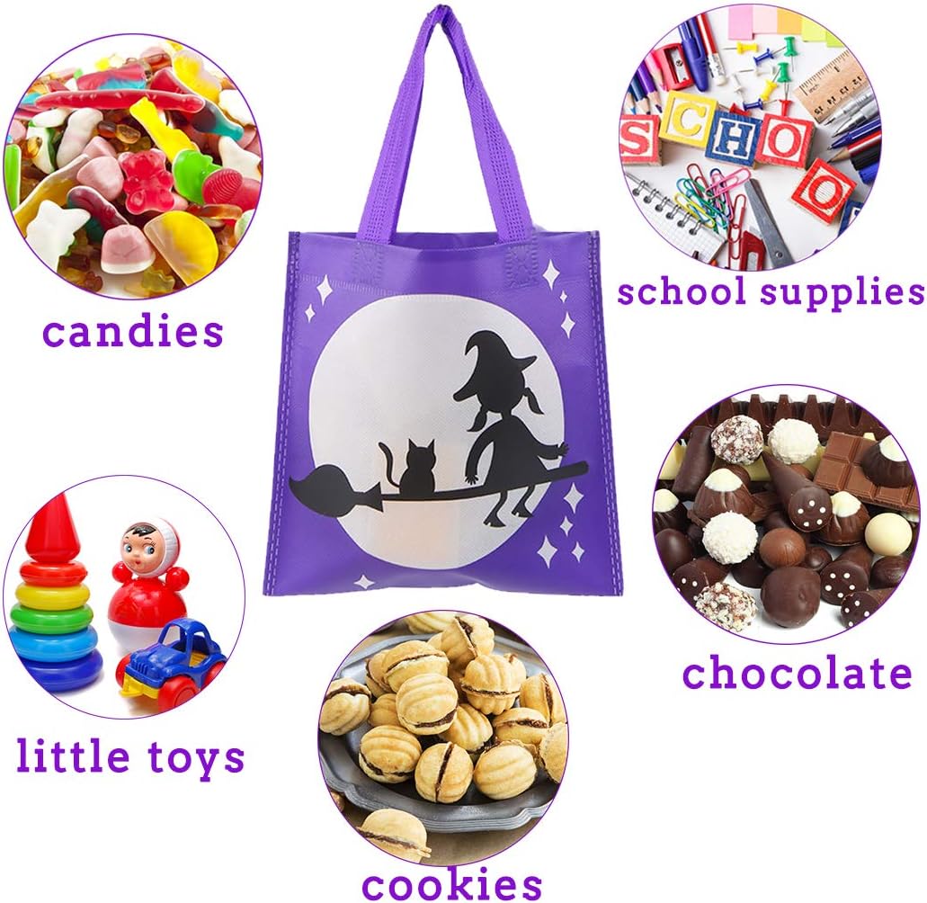 CCINEE 24 bolsas de Halloween no tejidas para golosinas, 8 bonitos patrones de Halloween, bolsas de fiesta con asas para niños, suministros de