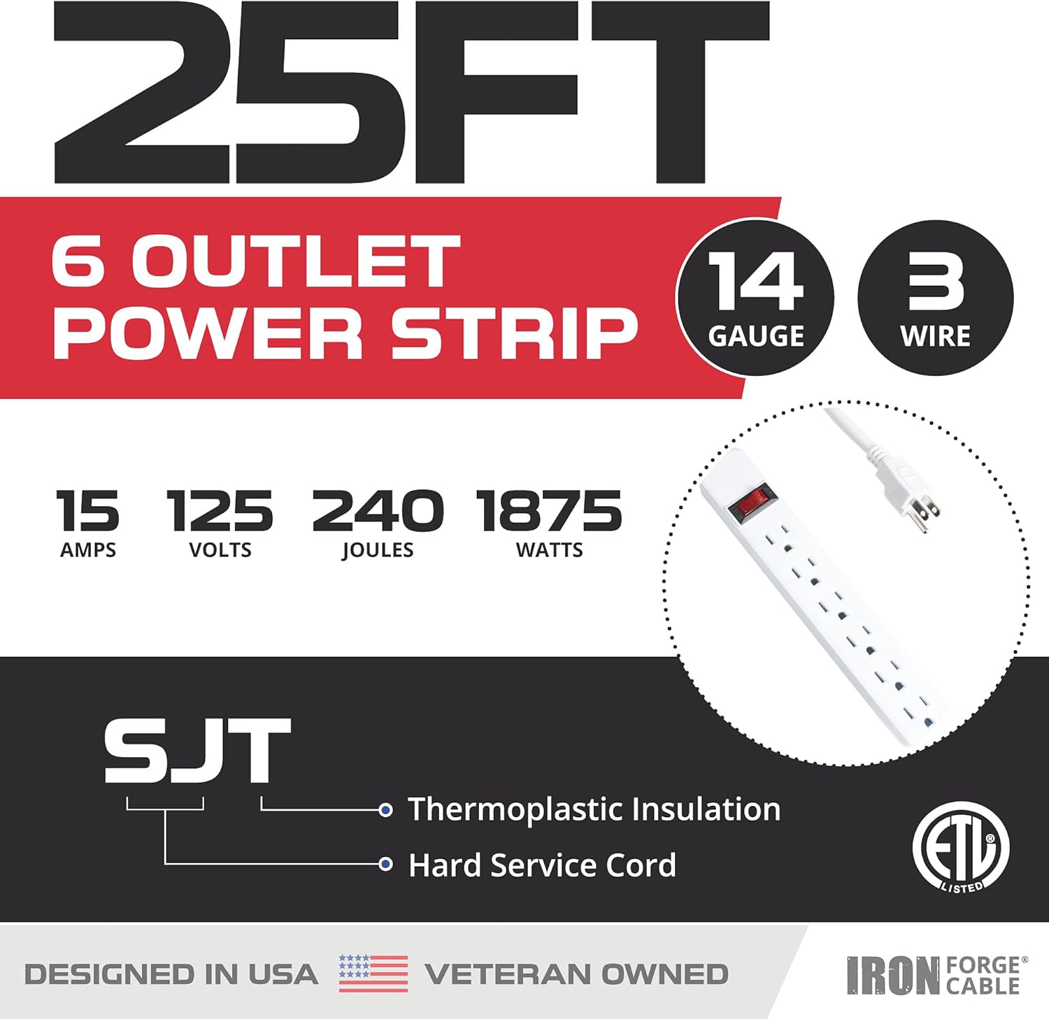 Iron Forge Cable Regleta de protección contra sobretensiones de 6 tomas, cable de 25 pies, regleta de alimentación blanca SJT 143 con cable largo de