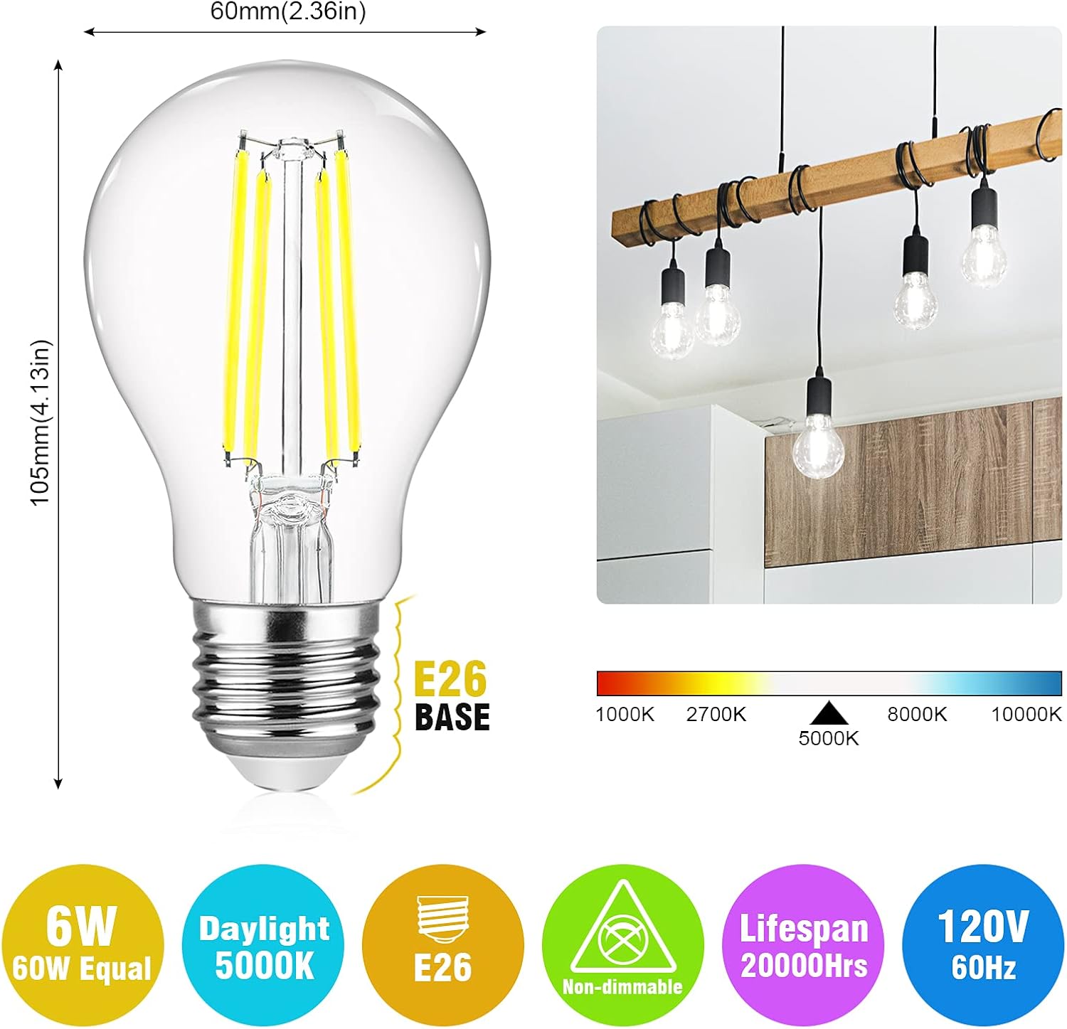 Ascher – Bombillas de filamento LED E26, equivalentes a 60 W, luz de día de 5,000 K, no regulables, vidrio transparente clásico, bombillas LED A19