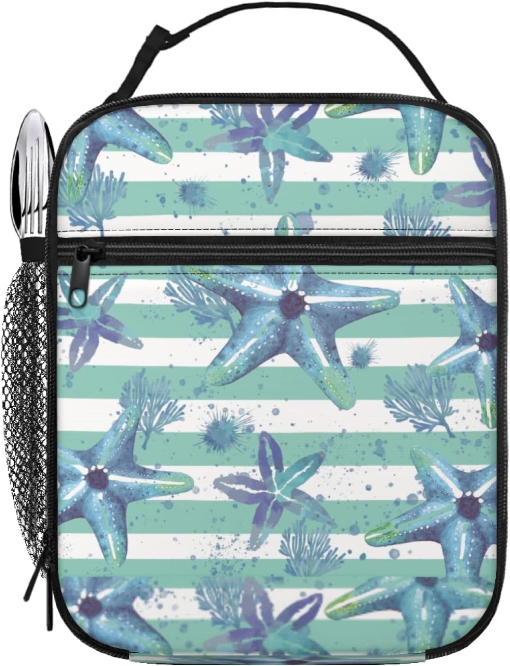 Lonchera con diseño de estrellas de mar y playa, con diseño de rayas azules, aislada, a prueba de fugas, reutilizable, para mujeres, hombres,