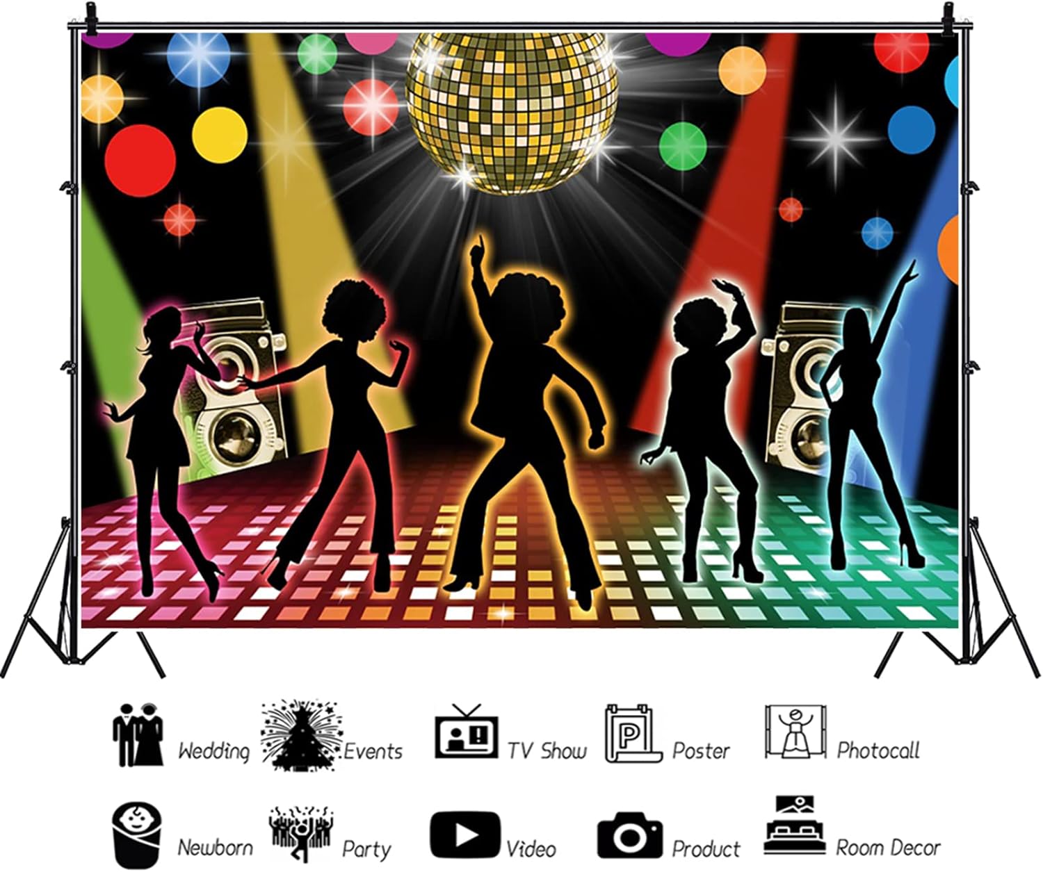 Telón de fondo de fiesta de discoteca de 12 x 10 pies, discoteca neón para adultos de regreso a los años 60, 70, 80, 90, discoteca bailando, noche,