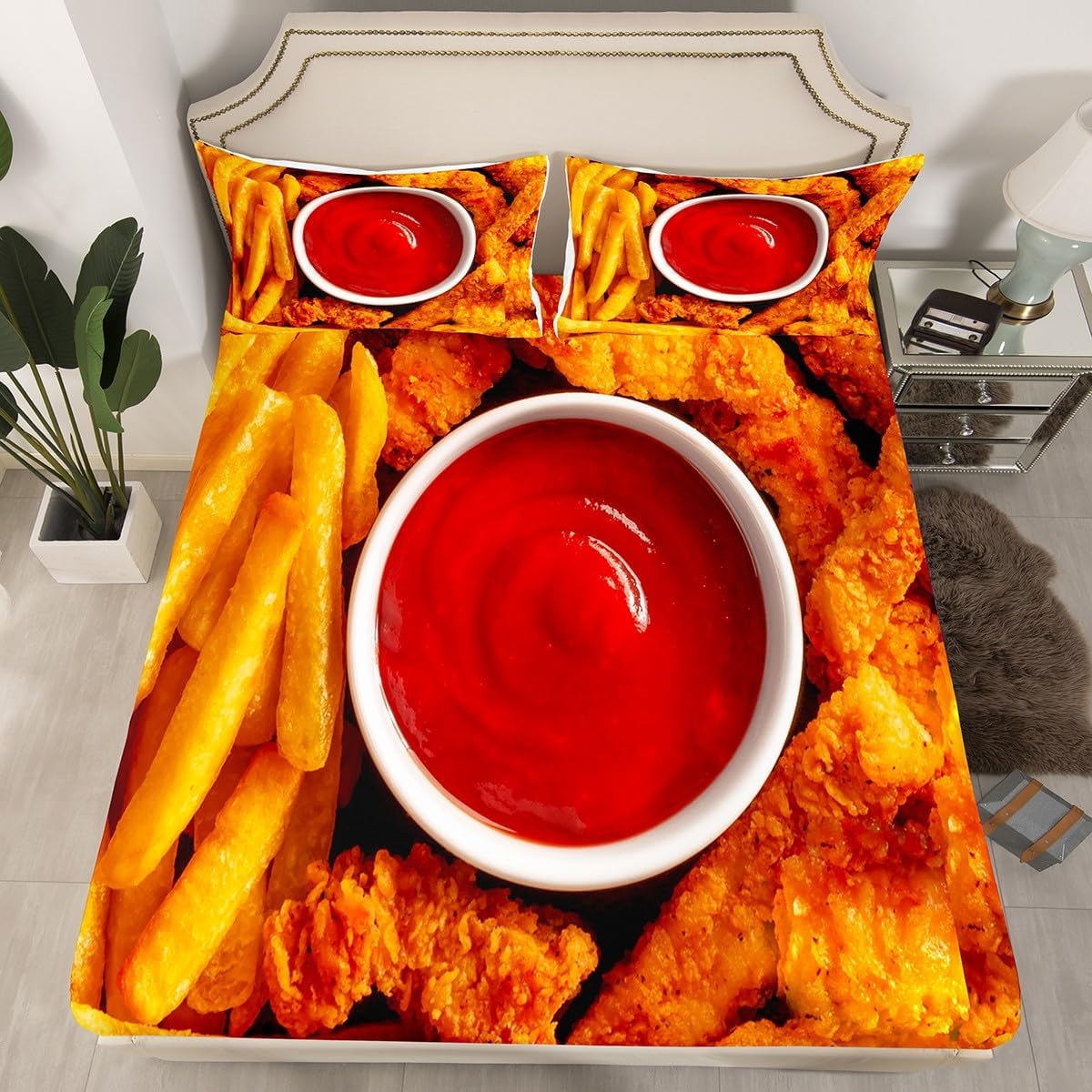 Feelyou Juego de sábanas de pollo y comida tamaño individual, sábanas de papas fritas con bolsillo profundo, juego de sábanas ajustables para niños