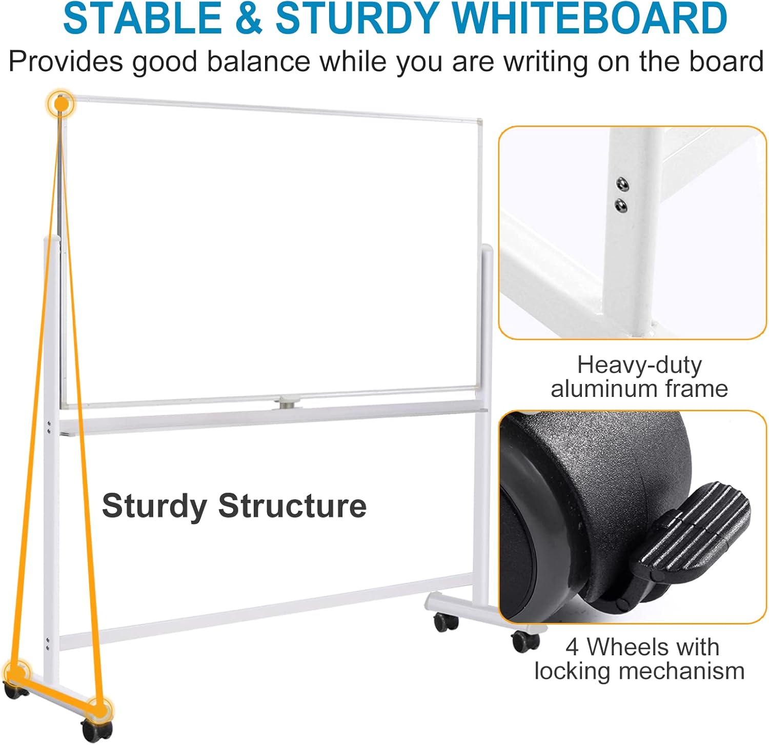 Pizarra blanca móvil con soporte  60 x 40 pulgadas, pizarra de borrado en seco de doble cara con soporte, pizarra blanca grande sobre ruedas para