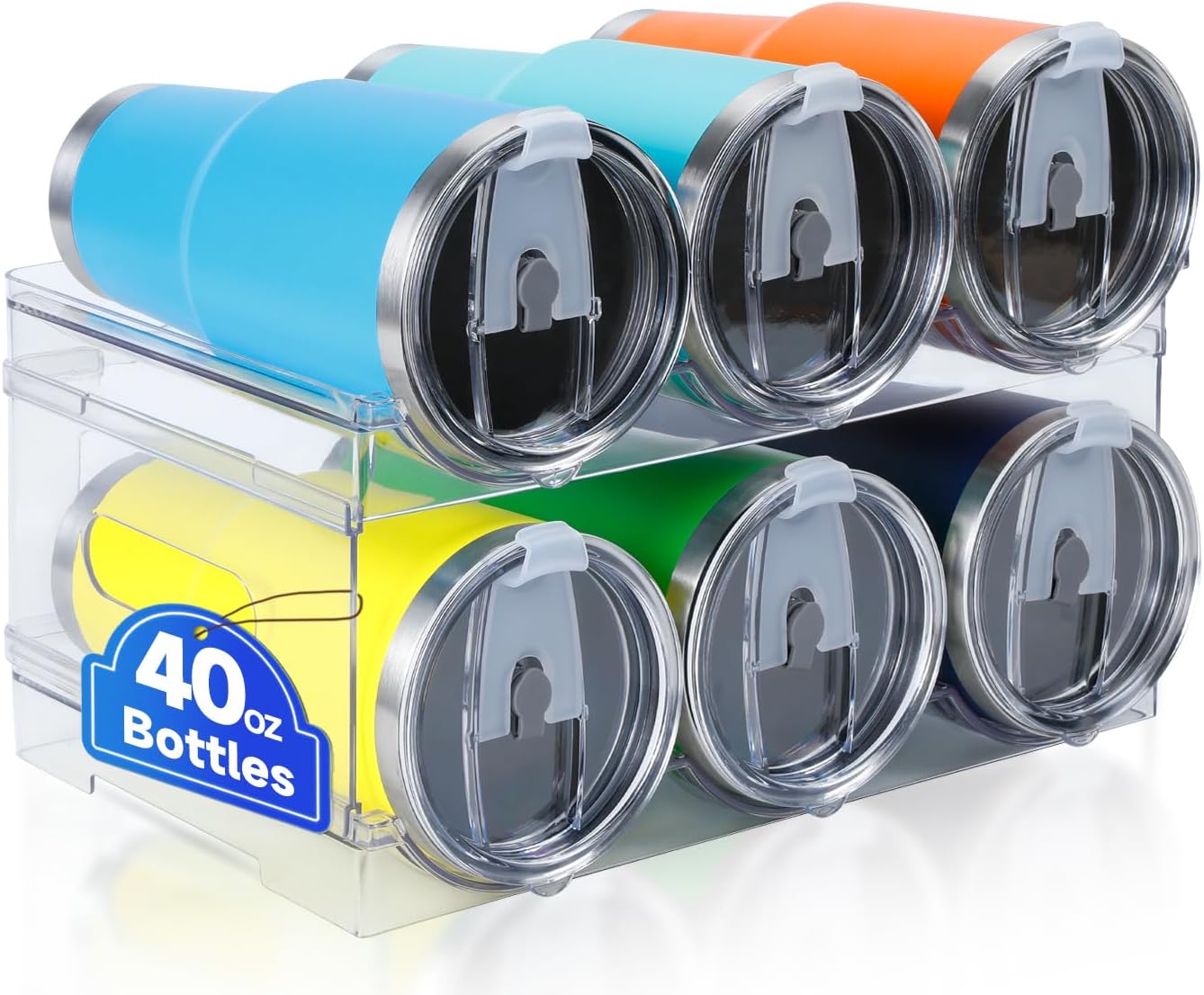 Damomo Organizador de botellas de agua para Stanley de 40 onzas, paquete de 2 organizadores apilables para botellas de agua, soporte transparente