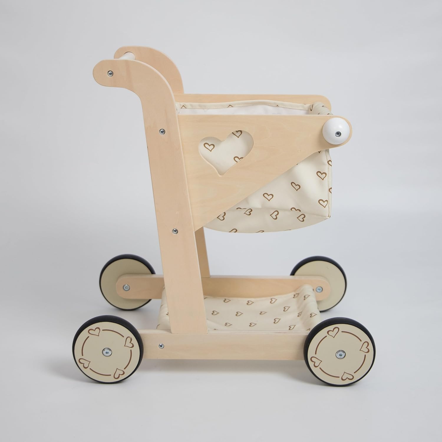 Hopscotch Squad Carrito de compras de madera para bebé, cochecito de muñeca para niños pequeños, caminante de aprendizaje educativo, carro de juego