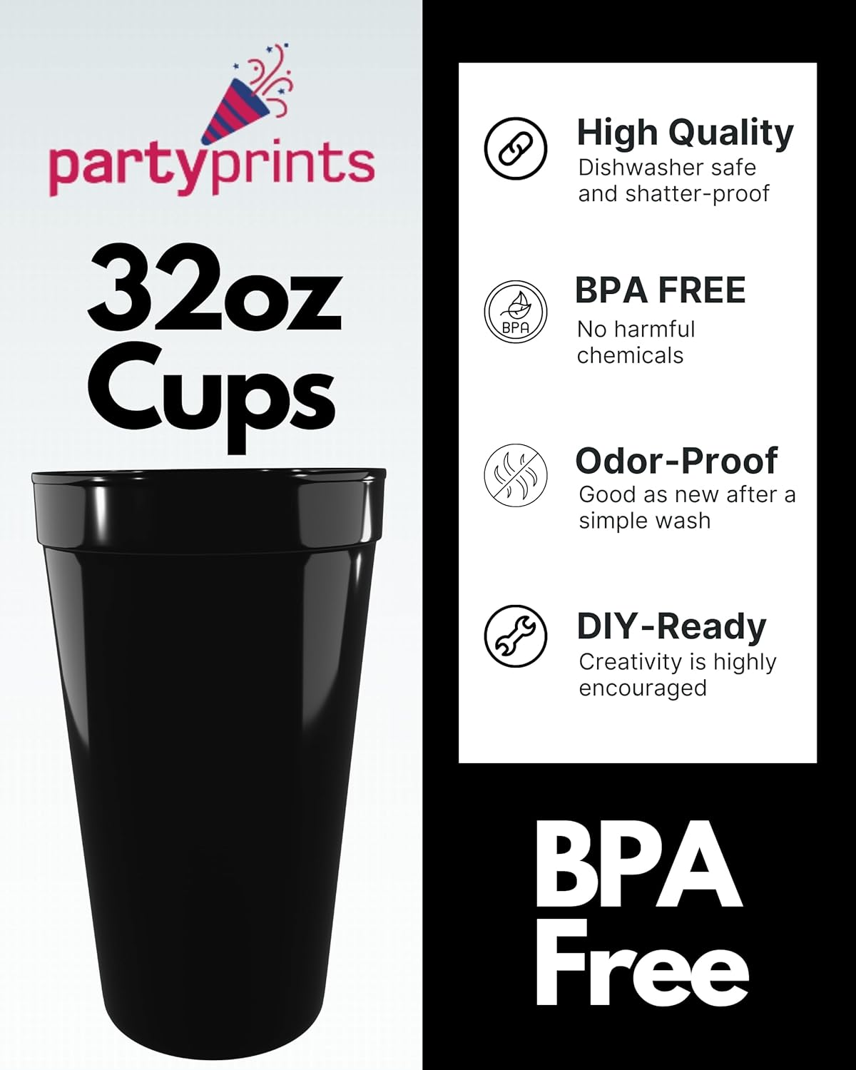 PartyPrints Paquete de 10 vasos de plástico en blanco reutilizables de 32 onzas  Copas de estadio a granel  Vasos de fiesta extra grandes sin BPA