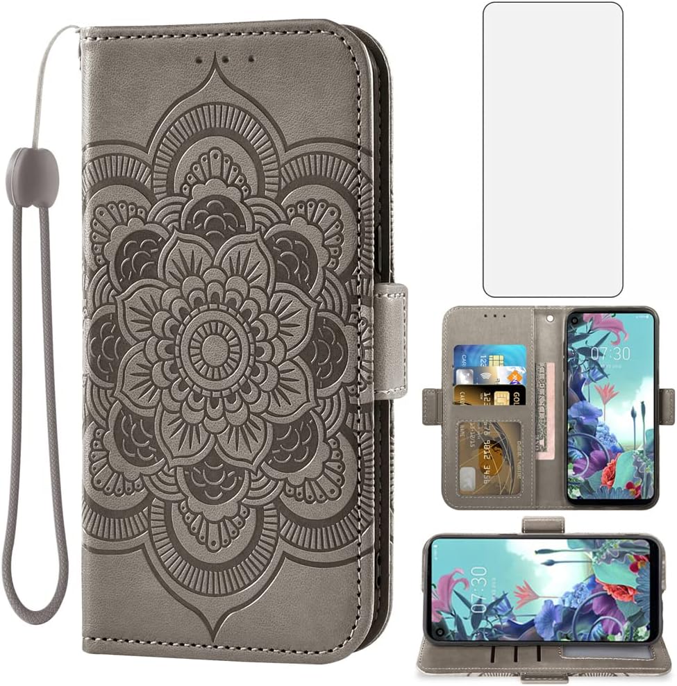 Asuwish Compatible con LG Q70 – Funda tipo cartera y protector de pantalla de vidrio templado, funda de cuero con tapa para tarjetas de crédito,