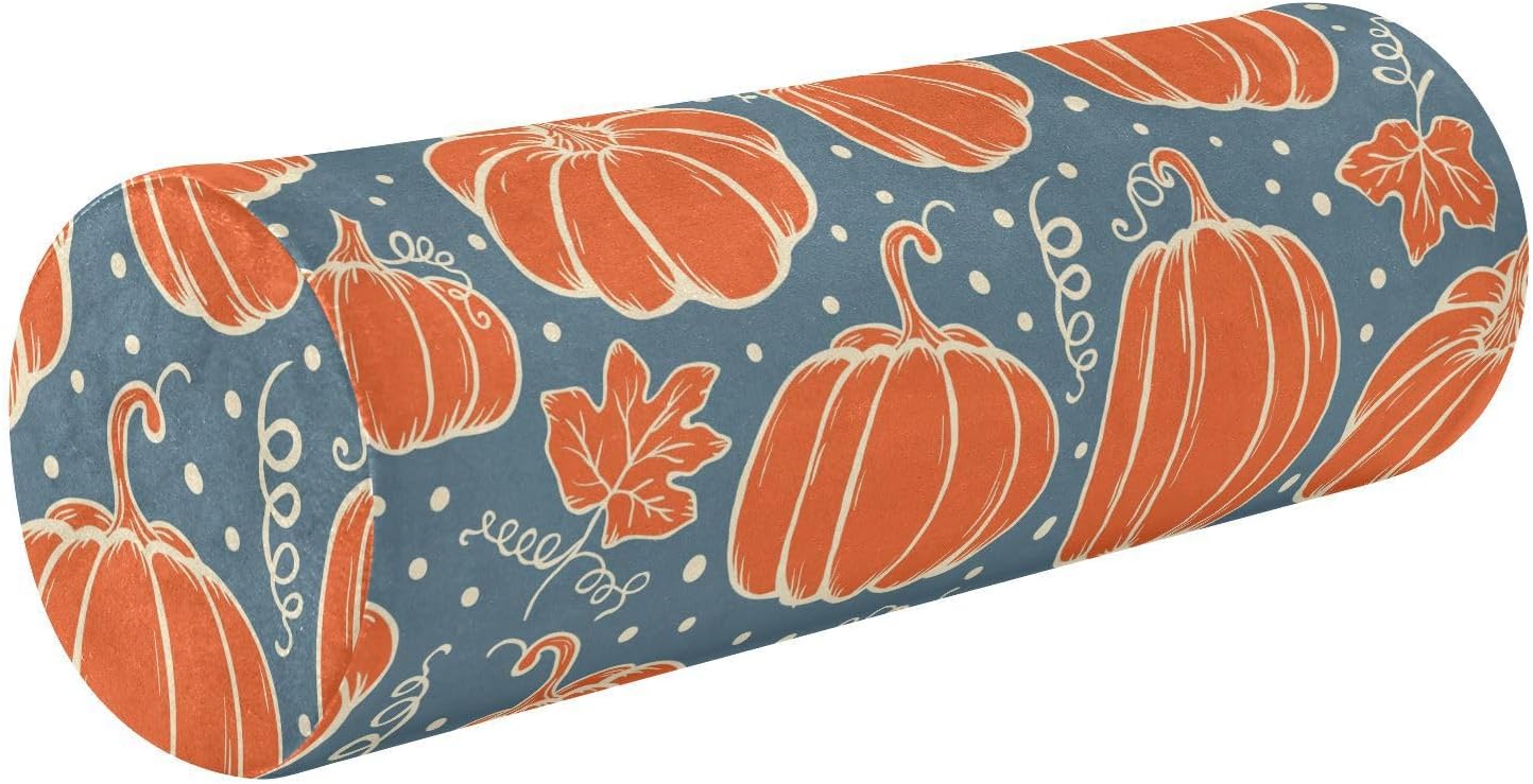 KLL Hand Drawn Autumn Pumpkins Bolster Pillow and Cover Sleep Neck Roll Pillow Round Pillow Insert 17 Inch Cylinder Memory Foam Legs Support Pillow
