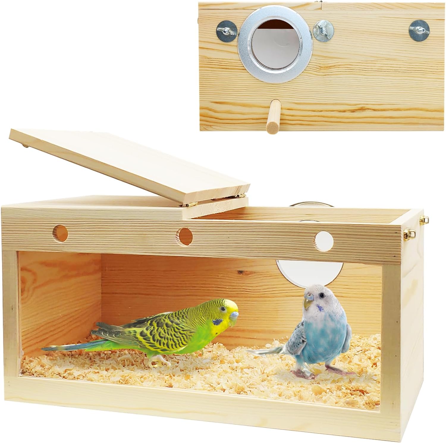 Hamiledyi Caja nido de periquitos transparente para pájaros, jaula de madera, caja de cría para agapornis, cacatúa, budgie, conure, pinzón, loro,