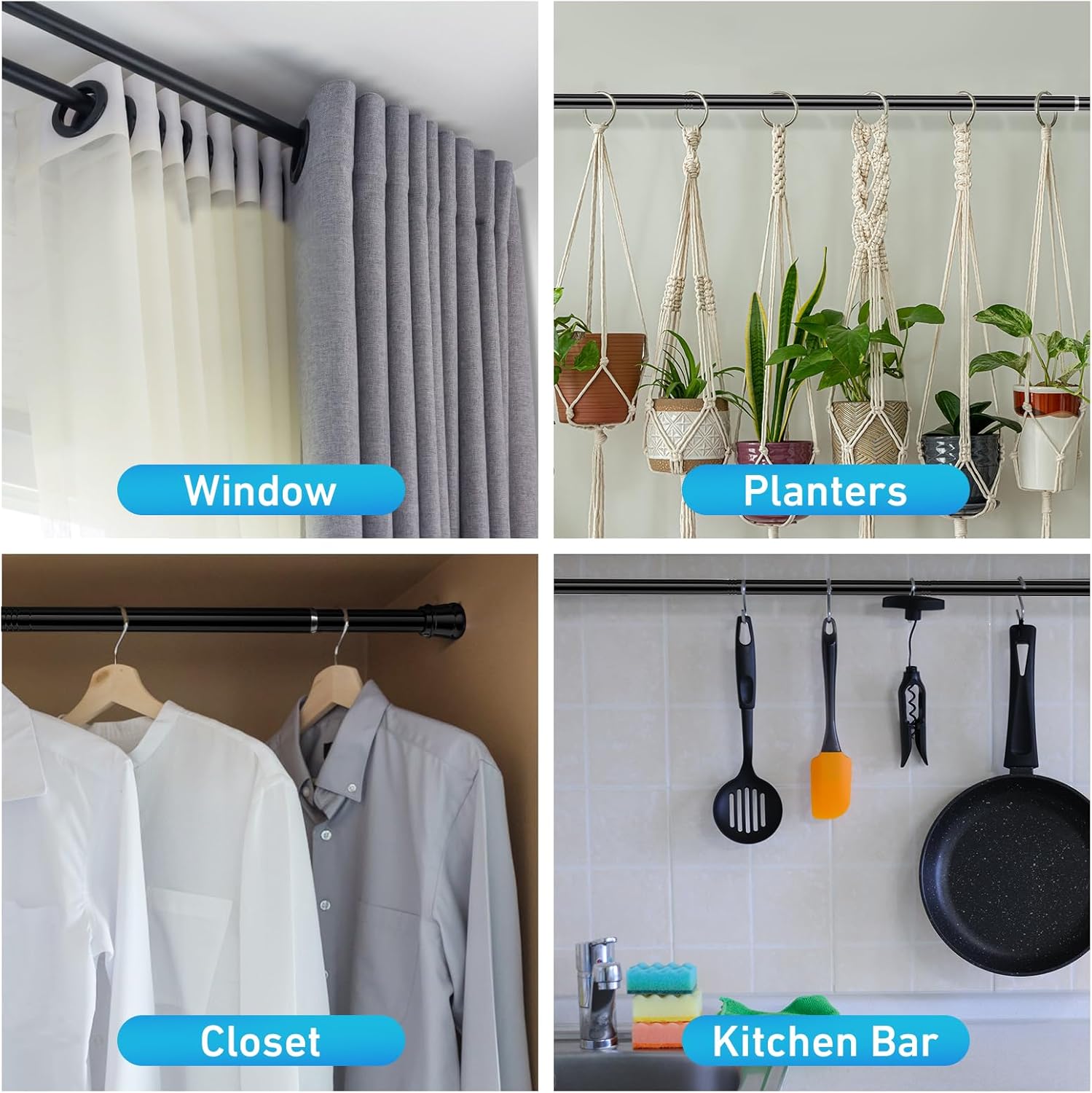 Barra de cortina de tensión para ventanas de 28 a 48 pulgadas, barras de tensión de resorte, barras de cortina negras, barra de resorte ajustable,