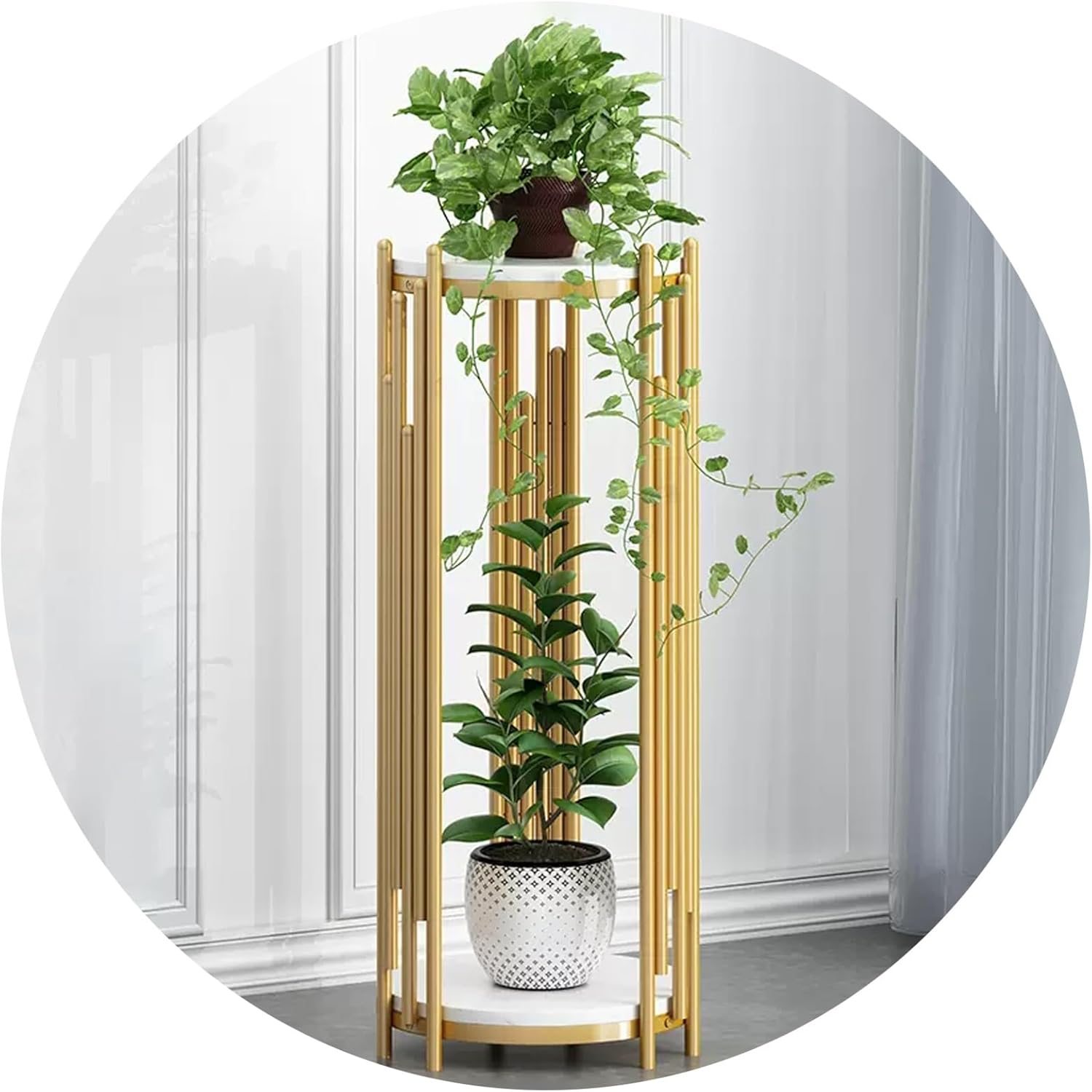 Soporte para macetas para plantas al aire libre, estante de metal de 2 niveles, superficie de mármol, soporte de esquina para plantas de flores,