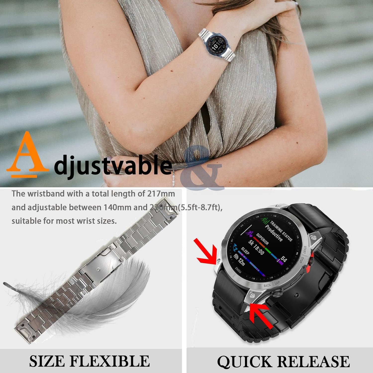 Miimall Compatible con Garmin Instinct 2X Solar Band Metal, 1.024 in liberación rápida Acero inoxidable Pulsera ajustable de repuesto de metal de