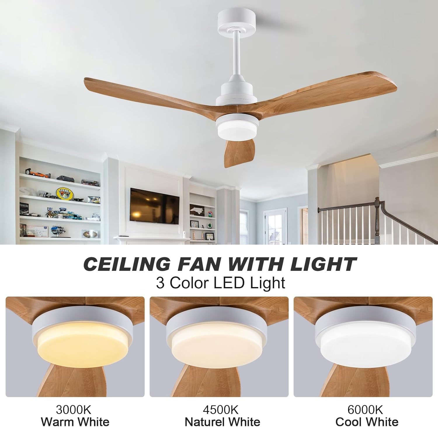 XBIBI Ventiladores de techo de 52 pulgadas con control remoto de luz, ventiladores de techo de madera con 3 aspas y barra inferior, motor de CC de 6
