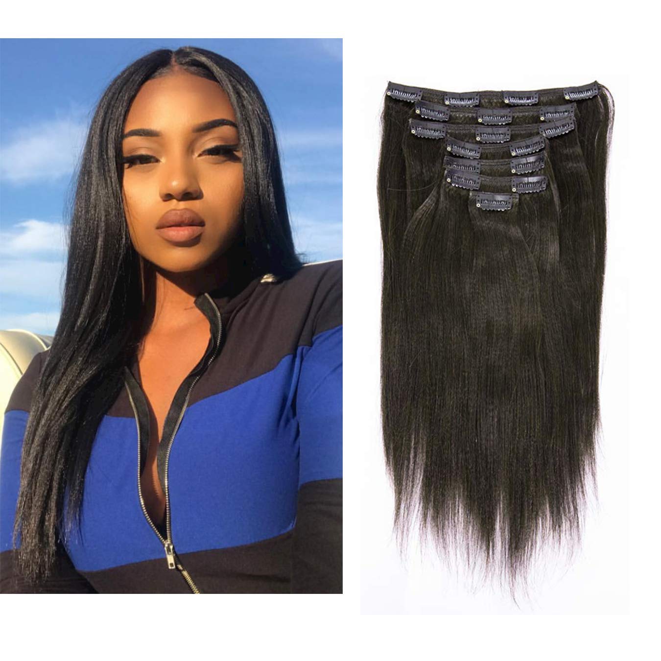 Anrosa Yaki – Extensiones de cabello humano Yaki con clip, extensiones de cabello humano Yaki con clip, para afroamericano, cabello lacio Yaki,