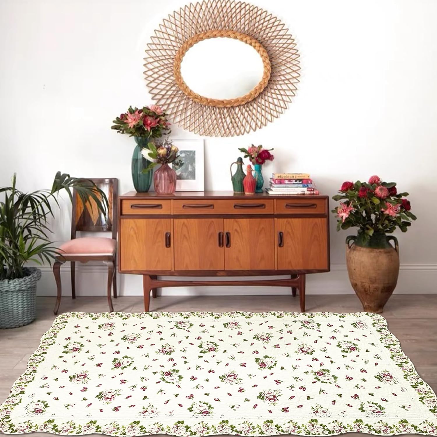 USTIDE Alfombra de algodón natural de 3 x 5 con diseño de flores de rosas, capullos de flores de rosas desgastadas, lavable a máquina, para
