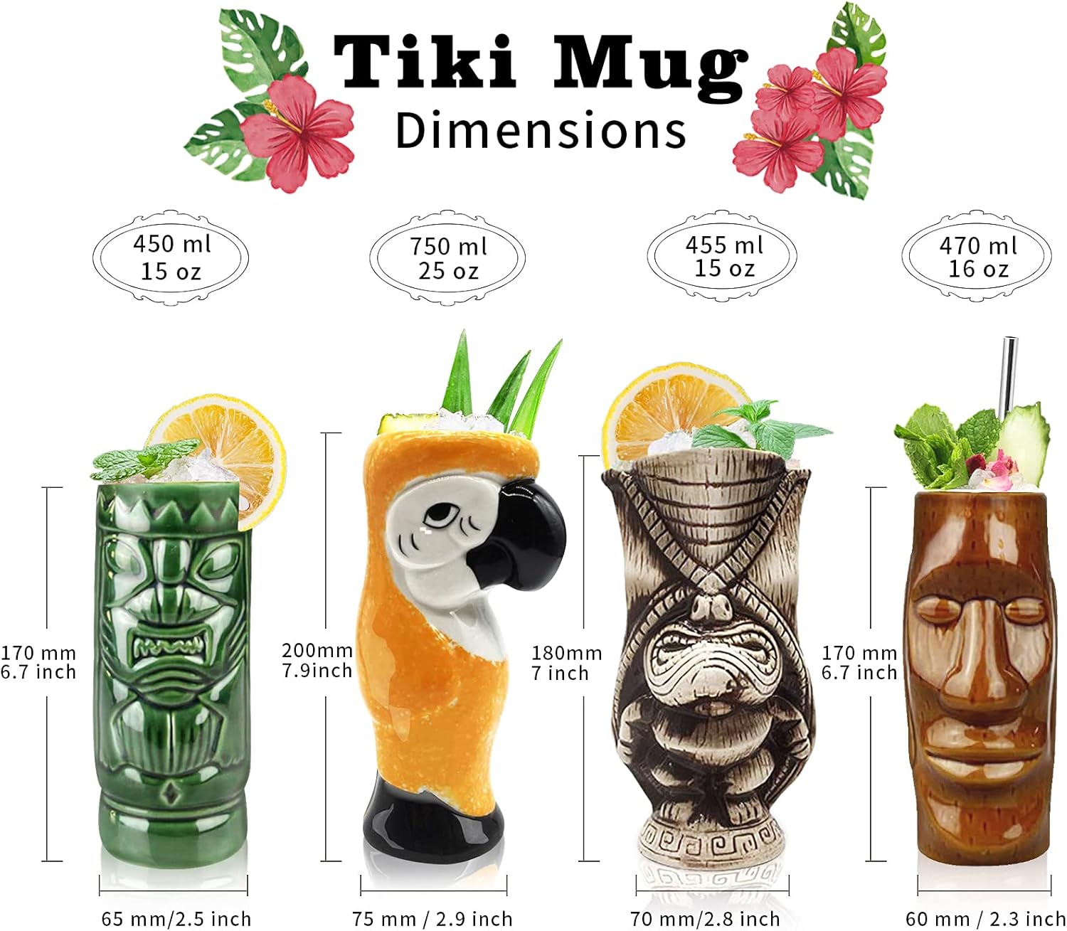 TKSET0011 – Juego de 4 tazas de cóctel hawaianas de cerámica grandes, vasos de cóctel exóticos, Tiki Bar profesional hawaiano para fiestas
