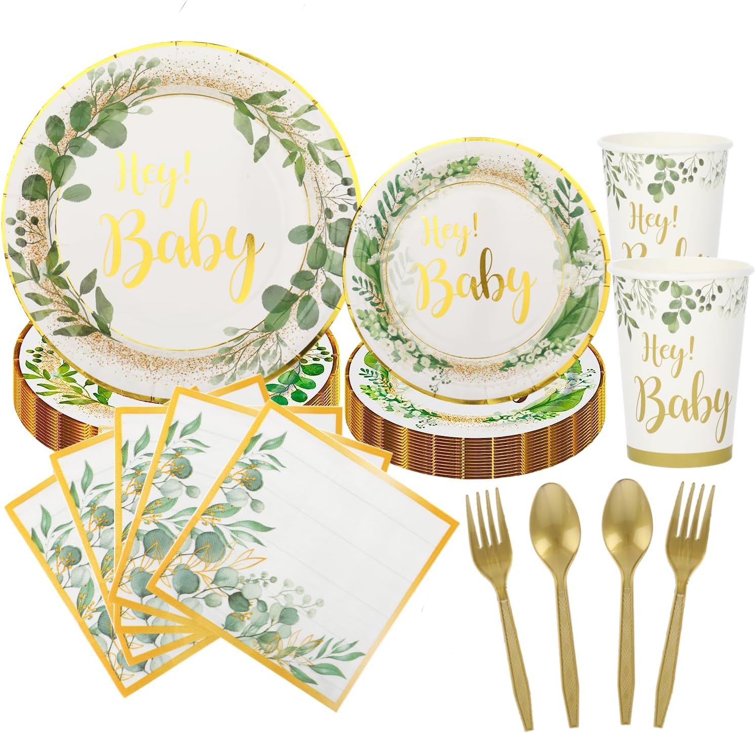 151 piezas de suministros para fiesta de baby shower, tazas de papel verde, platos, servilletas, cubiertos, kit para 25, decoración de vajilla