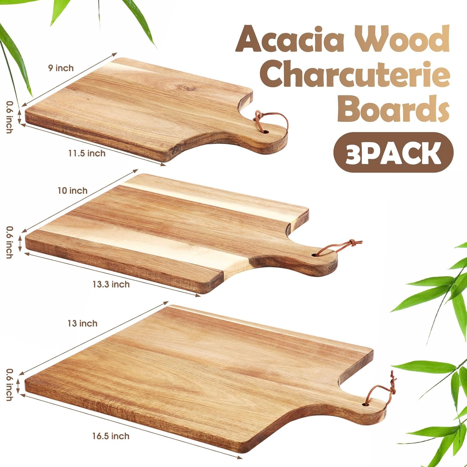 Tioncy Juego de 3 tablas de cortar de madera de acacia grandes de 16.5 x 13 pulgadas, 13.3 x 10 pulgadas y 11.5 x 9 pulgadas, tablas de charcutería