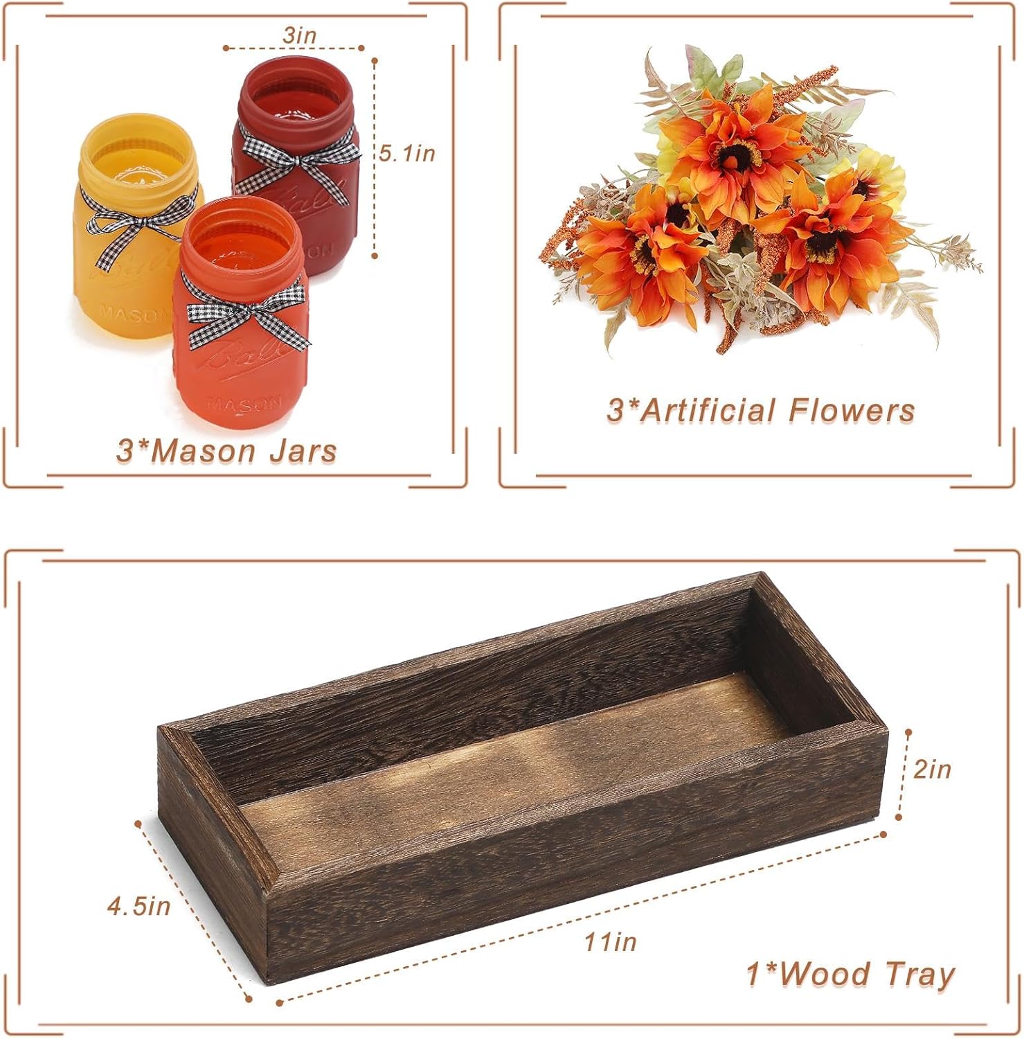 Centro de mesa de Acción de Gracias con flores artificiales, juego de 3 tarros de masón, tarros decorativos de granja para decoración de cena del