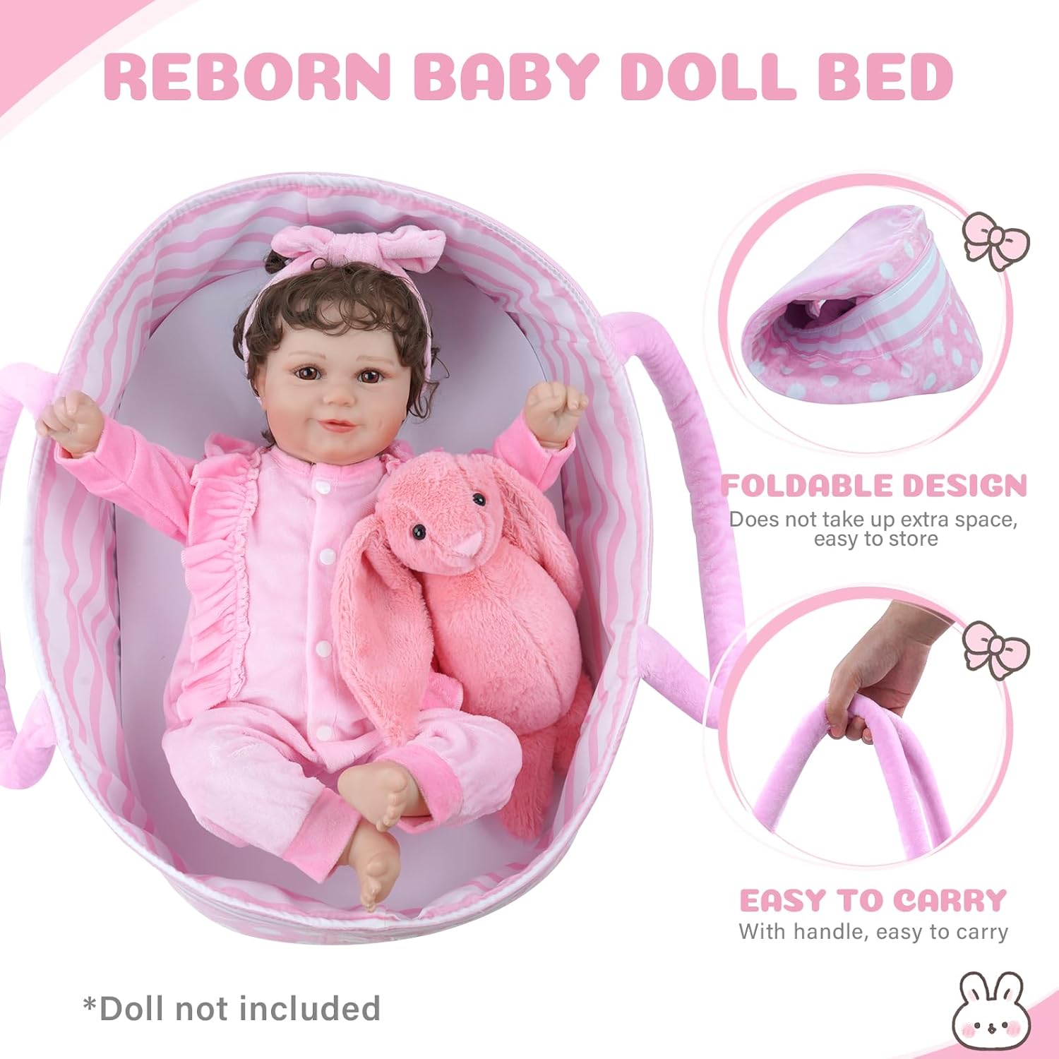 BABESIDE Reborn Baby Dolls Moisés plegable para muñeca de bebé, cama de cuna suave para muñecas con asa para muñecas de 17 a 22 pulgadas (rosa)