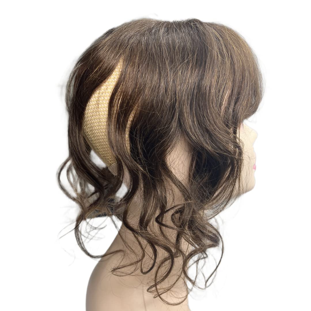 Extensiones de cabello humano ondulado con flequillo, 14 pulgadas, extensiones de cabello humano brasileño natural Remy (marrón claro)