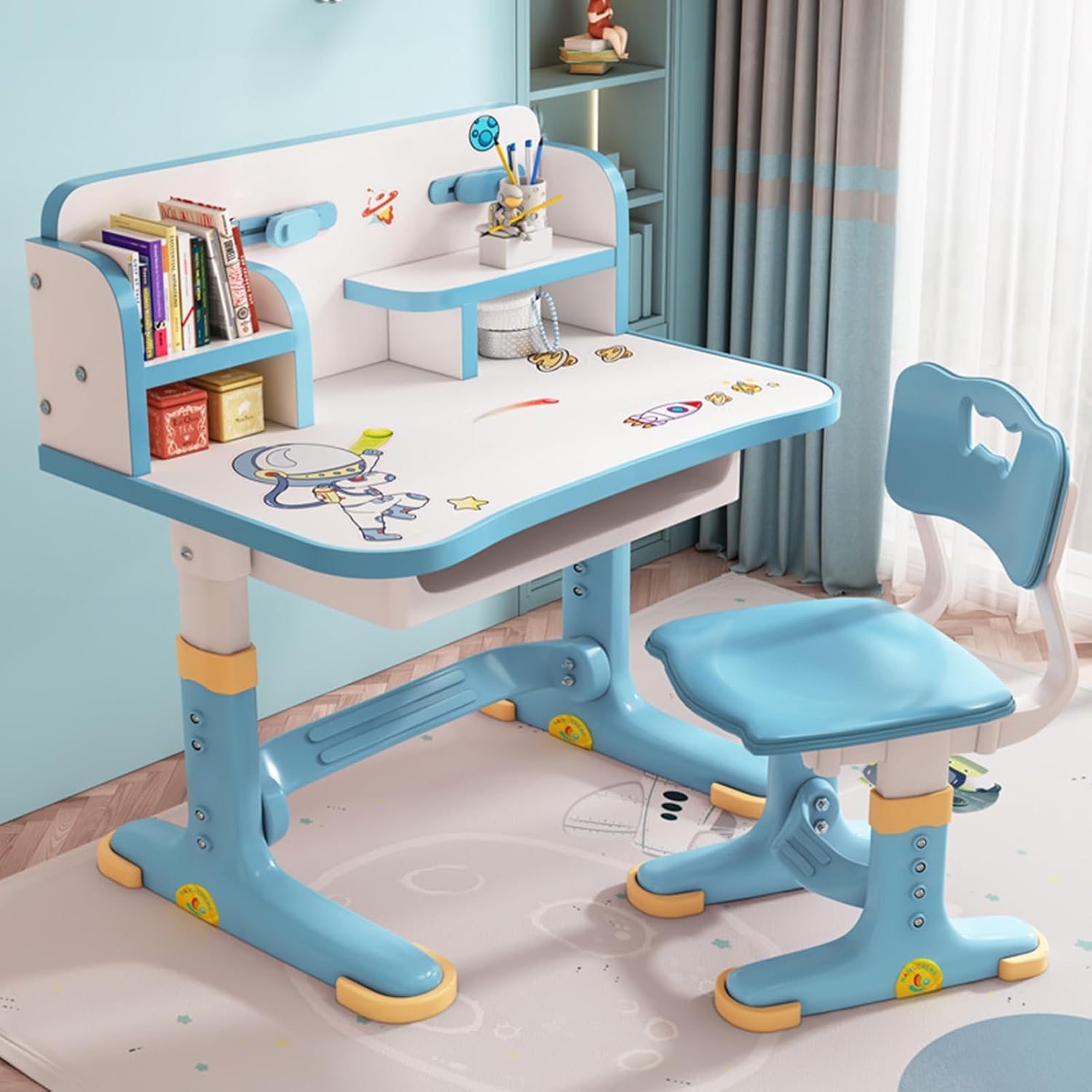 Juego de escritorio y silla para niños, escritorio de estudio para estudiantes en altura ajustable, escritorio ampliado, multiseparación, patrón de