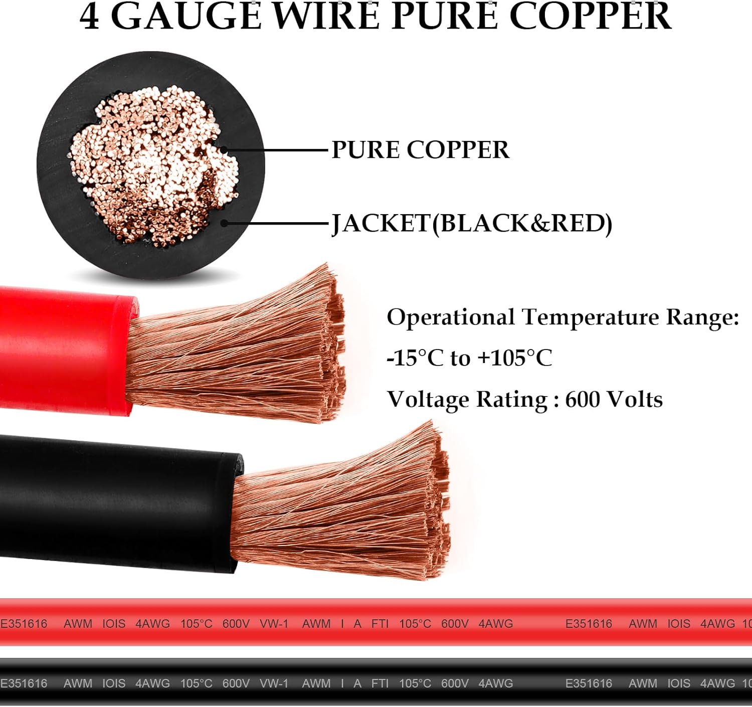 Cable de batería de calibre 4 de 2 pies, cables inversores de energía de batería 4AWG (1 positivo y 1 negativo) con terminales de terminales de 38