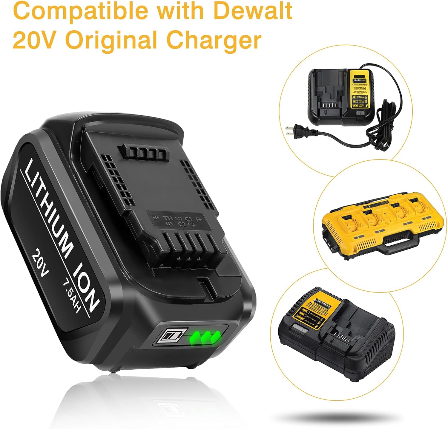 Lipop Paquete de 2 baterías de repuesto actualizadas de 7.5 Ah para baterías Dewalt de 20 V, litio Max XR, DCB200, DCB201, DCB203, DCB204, DCB206,