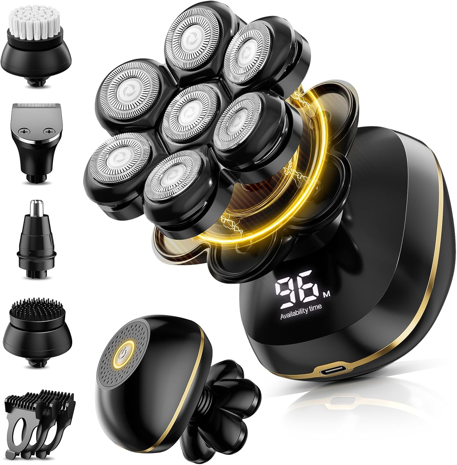 Afeitadoras de cabeza, afeitadoras eléctricas 6 en 1 para hombres calvos, pantalla LED húmedaseca, recargable, 7D, kit de aseo con carga tipo C