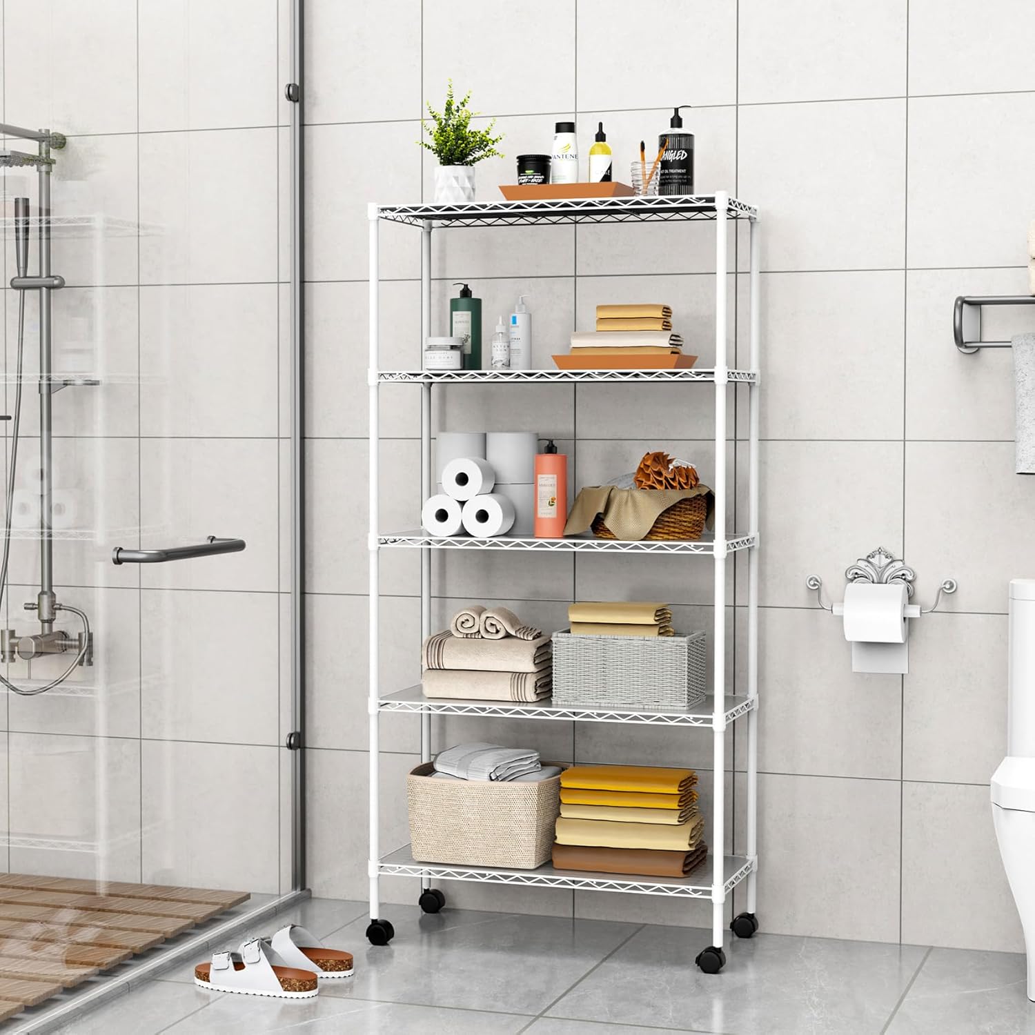 Estantería de alambre NSF de 5 niveles, 14 x 30 x 60 pulgadas, capacidad de 750 libras, estante de metal de almacenamiento ajustable con ruedaspatas