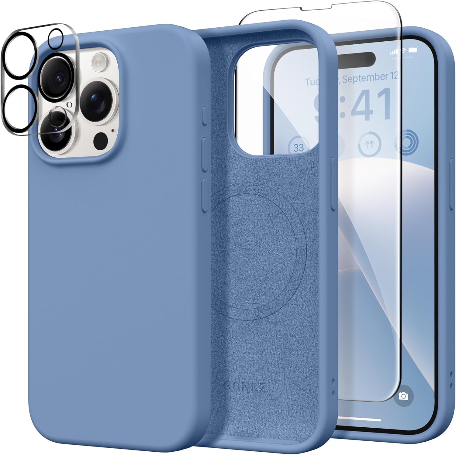 GONEZ Funda para iPhone 15 Pro, con 2 protectores de pantalla + 2 protectores de lente de cámara, silicona líquida, a prueba de golpes,