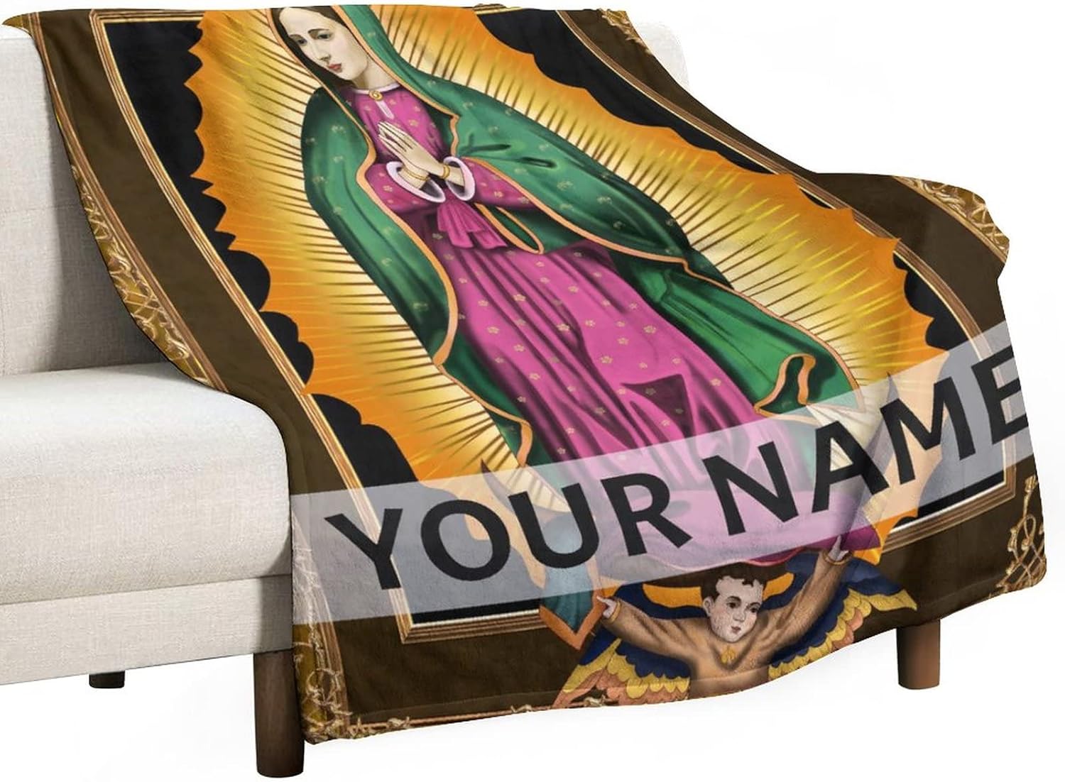 Manta católica personalizada para regalo con texto de nombre, manta de 50 x 60 pulgadas, manta de Virgen de Guadalupe ligera, suave, acogedora,